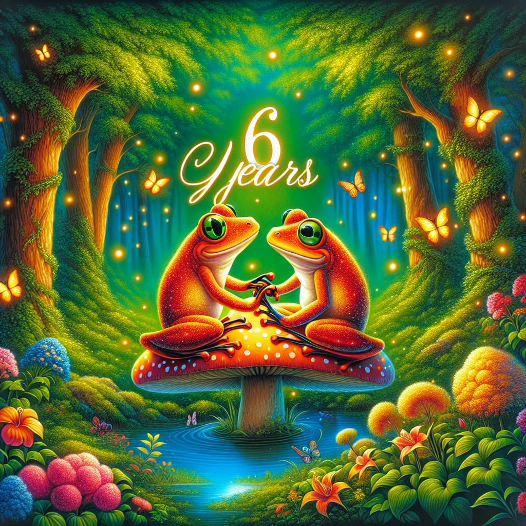 Imagine a captivating forest scene that serves as the backdrop for a delightful artwork commemorating six years of togetherness. Visualize two amorous frogs, with a vibrant ginger color, affectionately holding hands while seated on a toadstool. Their bodies radiate warmth, and their eyes sparkle with the bonds of their love. The enchanting forest around them burgeons with plush green foliage, blooming flowers of vivid hues, and a gentle glow illuminated by a swarm of fireflies. Together, they create a magical aura of love and celebration.
Generated with these themes: Frogs, Woodland, Being ginger, and 6 years.
Made with ❤️ by AI.