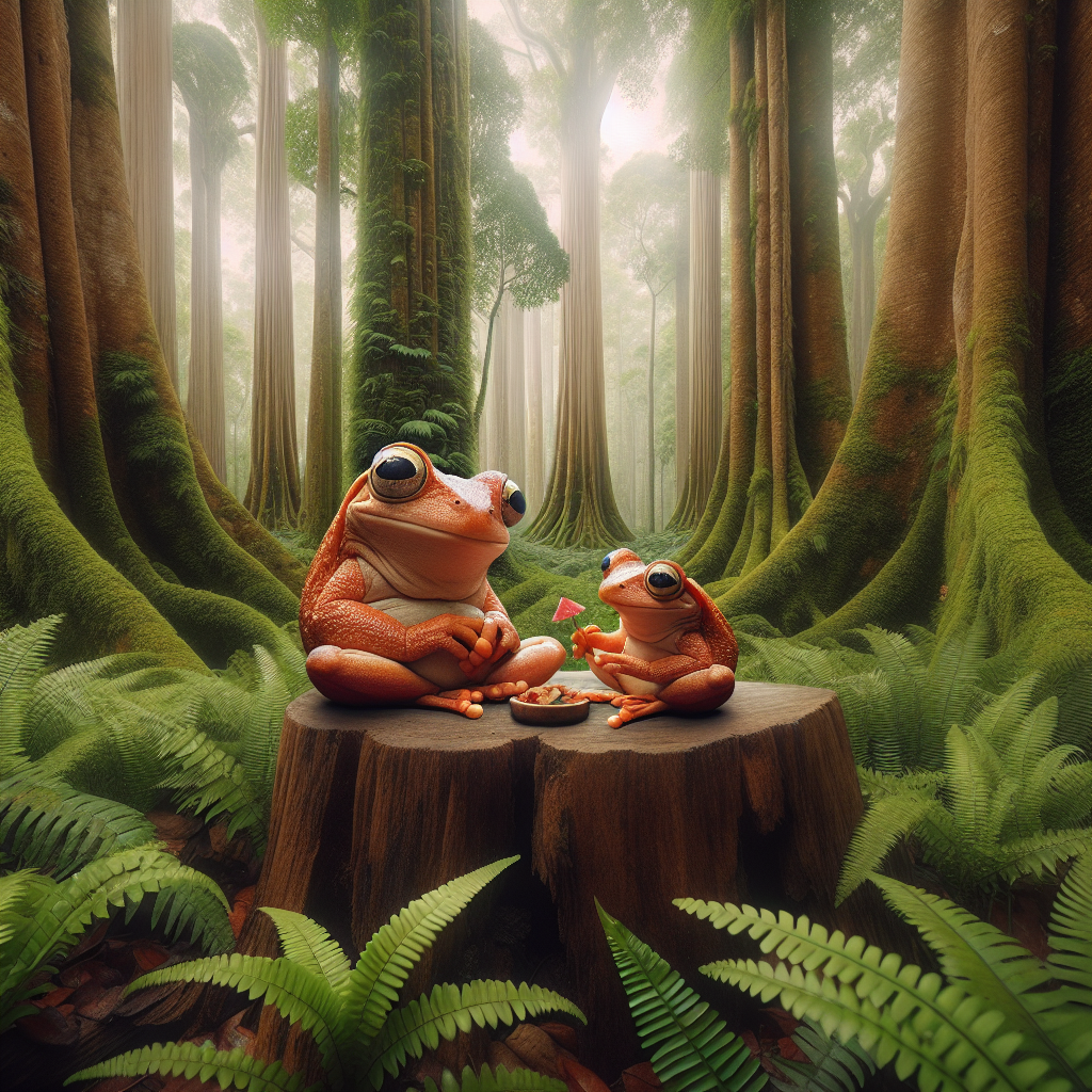 Picture a magical forest scene, filled with towering ancient trees and a comfy carpet of ferns. Seated on a sturdy wooden log in the midst of this verdant setting are a pair of endearing ginger frogs with their fingers interlocked. They are celebrating their 6th anniversary with a heartwarming picnic. Their eyes meet in an affectionate gaze, creating a scene that is both humorous and incredibly tender. This moment beautifully captures their enduring love and commitment to each other.
Generated with these themes: Frogs, Woodland, Being ginger, and 6 years.
Made with ❤️ by AI.