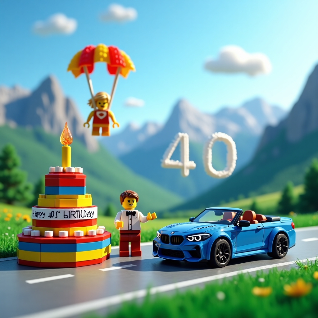Lego birthday cake and blue bmw m2 in the mointains , Lego birthday boy who is a dentist he is handsome , and Lego girl with blond hair who does parachute jumping Birthday Card