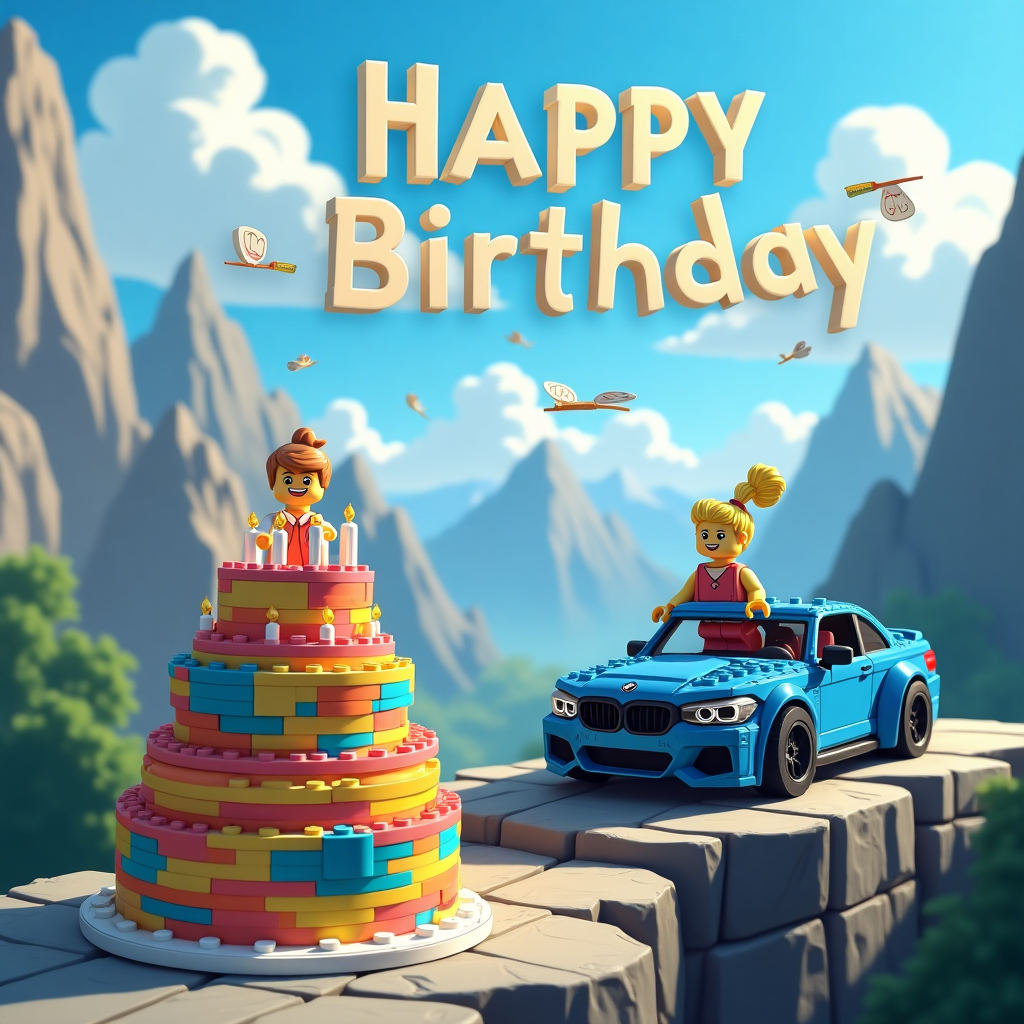 Lego birthday cake and blue bmw m2 in the mointains , Lego birthday boy who is a dentist he is handsome , and Lego girl with blond hair who does parachute jumping Birthday Card