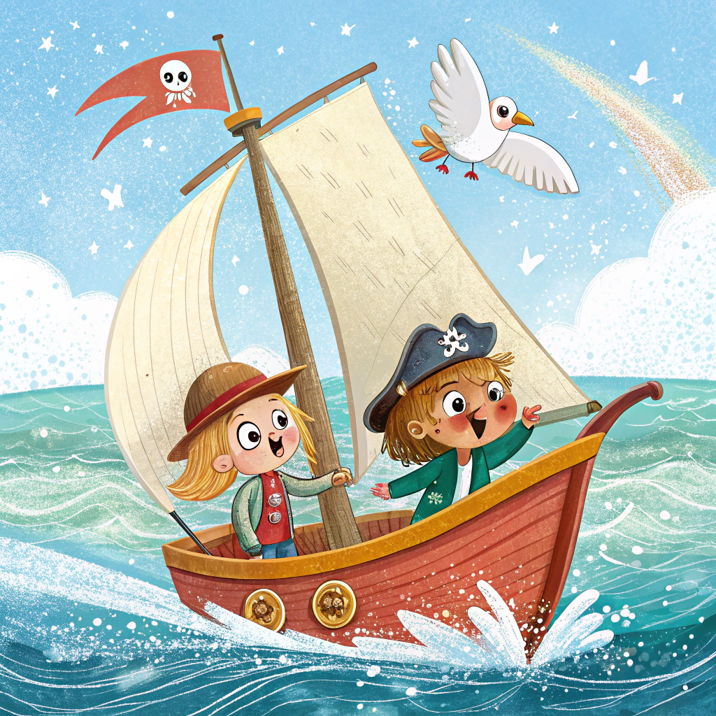 At the top of the image, "Alie & Griffin: Anchored in Love, But Still Arguing Over the Sails!"

- Create a bright, playful vector illustration of a cartoon-style sailboat with exaggerated, wonky sails on a sparkling ocean.
- Onboard the sailboat are two adorable, animated characters representing Alie and Griffin: Alie is frantically pointing at a map while Griffin confidently steers... in the wrong direction.
- Add a seagull in a top hat officiating a wedding on the mast, while two fish under the water clink tiny champagne flutes.
- The boat’s name on the hull: “Just Married-ish!”
- Add small waves around the boat shaped like little hearts, giving it a loving, cheeky feel.
- A flying banner behind the boat says, “Smooth sailing* (*some assembly required)” for extra giggles.
Generated with these themes: Sailboat .
Made with ❤️ by AI.