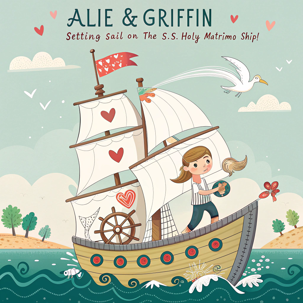 At the top of the image, "Alie & Griffin – Setting Sail on the S.S. Holy Matrimo-ship!"

- In the center of the image, illustrate a cheerful cartoon sailboat made entirely out of wedding paraphernalia: the hull is a tiered wedding cake, the sails are giant lace veils, and the flag at the top is a pair of tighty-whities fluttering proudly in the wind.  
- Alie & Griffin are aboard—Alie is steering with a giant heart-shaped steering wheel while Griffin clumsily tries to catch a flying bouquet with a net.  
- Surrounding them, seagulls wear little bowties and carry rings, while waves in the shape of interlocking rings gently bob the boat along.  
- One of the waves has a speech bubble that says, "You may now seas the bride!"
Generated with these themes: Sailboat .
Made with ❤️ by AI.