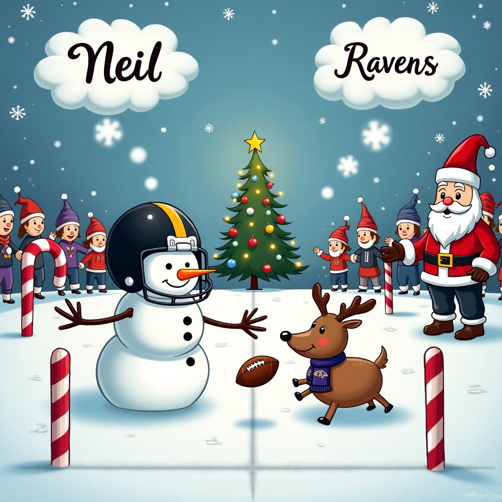 In a whimsical winter wonderland, a charming cartoon Christmas scene unfolds on a snowy football field, perfectly blending the festive cheer with the thrilling excitement of a Steelers vs. Ravens game. To the left, we see an oversized snowman wearing a Pittsburgh Steelers helmet, its coal eyes sparkling with mischief, holding a tiny football in its twiggy branch hand. Beside it, an adorable reindeer with a Baltimore Ravens scarf is playfully attempting to tackle a snowball into the end zone. In the sky above, fluffy white clouds drift past, one of which is shaped like a football, bearing the name "Neil" cleverly inscribed in swirling, snowy letters, as if a frosty breath has drawn it in the sky. The field itself is an expanse of sparkling snow, with two goalposts made of candy canes at either end, and scattered around are colorful Christmas ornaments doubling as boundary markers. At the far end, Santa is acting as the referee, clad in a classic black-and-white striped outfit, his red hat a festive twist on the usual uniform, with a jingle bell replacing the whistle. On the sidelines, a chorus of cartoon elves, bundled in team colors, cheer enthusiastically, waving miniature flags that bear the logos of both teams. At the top of the field, a Christmas tree is decorated with tiny footballs and lights that twinkle like the excitement in the air, creating a vibrant backdrop for this playful, festive face-off.
Generated with these themes: Steelers vs Ravens game.
Made with ❤️ by AI.