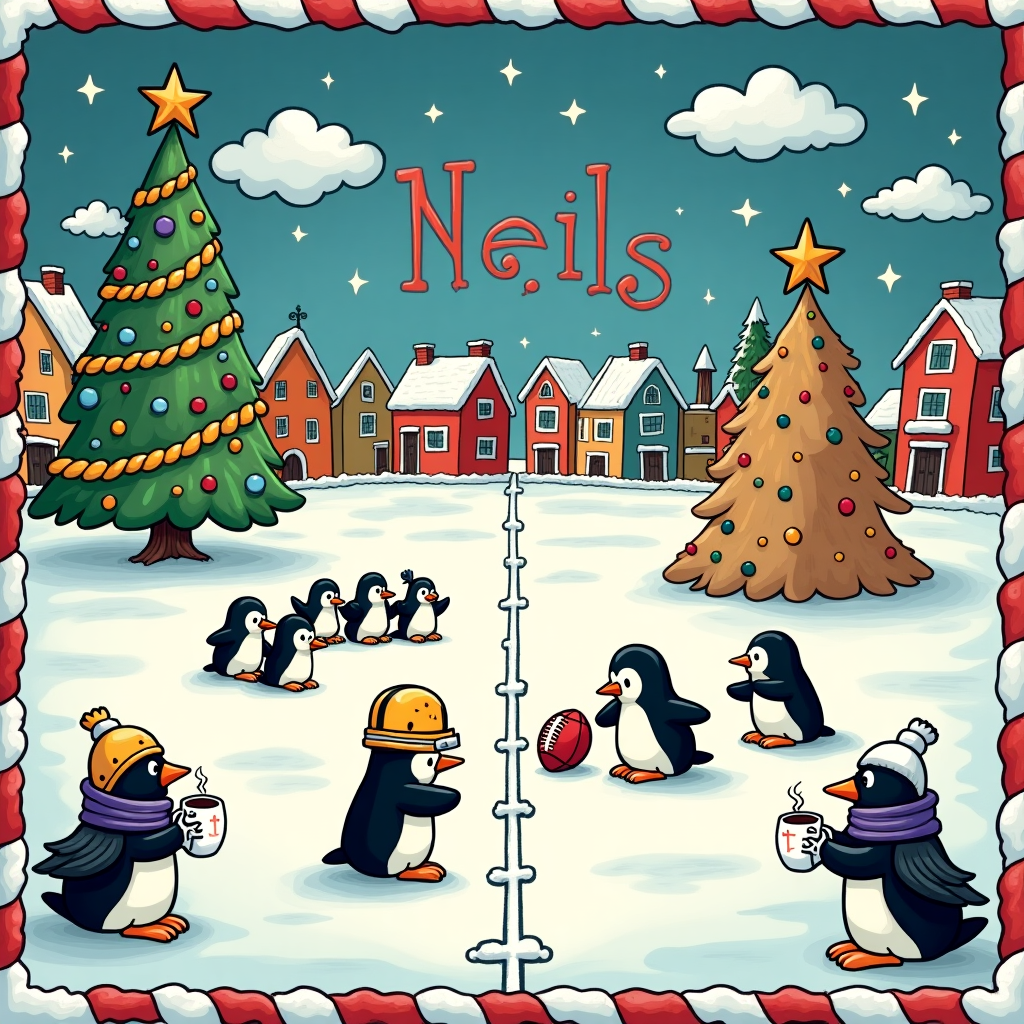 In the foreground of the Christmas-themed greeting card, imagine a whimsical snow-dusted football field nestled in a small wintery town, reminiscent of Charles Schulz's playful landscapes. The field is divided by a large, candy cane-striped line, symbolizing the rivalry between the Steelers and Ravens. On one side, a team of adorable cartoon penguins are clad in miniature black and gold jerseys, with a tiny penguin donning a helmet emblazoned with a star, ready to kick a football that looks like a shiny, red Christmas bauble. On the opposite side, a group of feisty ravens, dressed in purple and black scarves, are flapping their wings excitedly, cheering on their penguin rivals.

In the background, cozy gingerbread houses, styled like Disney's quaint cottages, dot the snowy landscape. A large, vibrant Christmas tree stands proudly near the center, decorated with baubles and a star at the top, casting a warm glow over the scene, reminiscent of Osamu Tezuka’s vibrant panels. 

Above the tree, the sky is a tapestry of twinkling stars, each one shaped like a different football icon. Among the fluffy clouds, you can see the name "Neil" subtly spelled out in puffy cloud letters, mimicking the creative cloud formations seen in Winsor McCay’s illustrations. 

The border of the card resembles a frame from a classic Bill Watterson comic, with doodles of snowflakes and comic strip panels showing cute animals and townfolk cheering, with a raven handing a penguin a steaming mug of hot cocoa as a sign of festive truce. In the corners of the card, snowmen shaped like famous cartoon characters from Hergé and Gary Larson's works, peek over the edge, bringing a playful sense of charm to the scene.
Generated with these themes: Steelers vs Ravens game.
Made with ❤️ by AI.