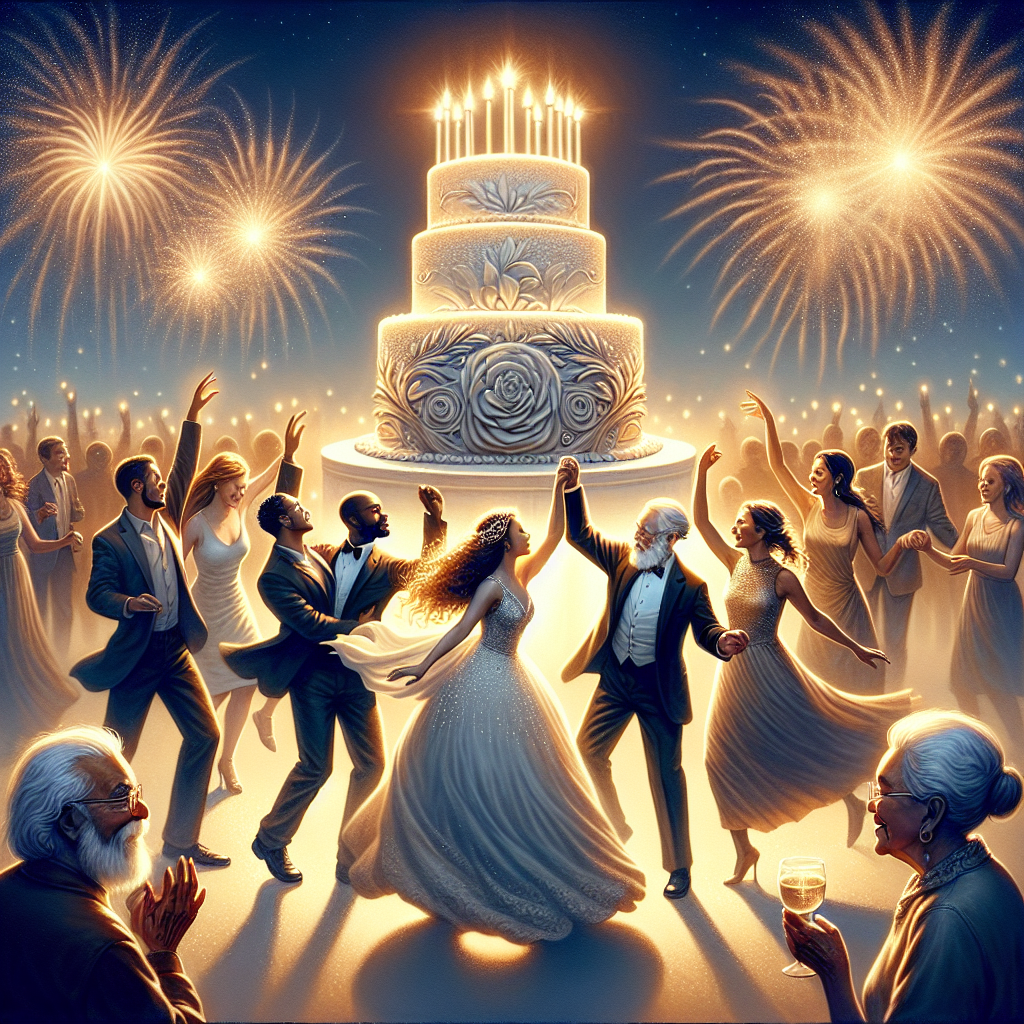 A tranquil illustration of a birthday celebration portrayed in a dignified and joyful atmosphere is envisioned. Central to this scene, a diverse group of partygoers, including a Hispanic woman, a Black man, a Middle-Eastern teenager, and a South Asian elderly person, dance with grace against the soft, radiant backdrop of celebratory fireworks. They are illuminated by the gentle glow from the sky as well as from an elegant birthday cake that sits majestically at the center. The cake is intricately decorated and showcases exactly 10 glowing candles, casting a warm, inviting light onto the partygoers' faces immersed in the essence of the celebration.
Generated with these themes: Dancing, Celebration, Fireworks , Cake, and 10.
Made with ❤️ by AI.
