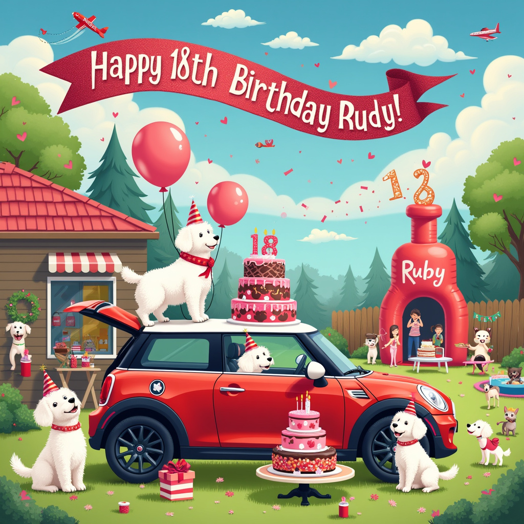 In the whimsical world of the birthday card, the scene is a vibrant, bustling garden party set in Ruby's backyard. The focal point is a shiny, cherry-red Mini Cooper parked off to one side, its trunk popped open and doubling as the party's snack station. On top of the Mini, a large, glittering "Happy 18th Birthday Ruby!" banner flutters in the breeze, the letters adorned with tiny illustrations of nail polish bottles.

Ruby's two adorable white fluffy dogs, sporting festive party hats, are the life of the party. One dog is standing on its hind legs, attempting to reach a table laden with a multi-tiered birthday cake, each layer decorated with colorful paw prints and mini nail polish bottles made of icing. The second dog is playfully tangled in streamers near a giant, red "18" balloon, with a paw playfully resting on an oversized nail polish bottle.

In the background, a lively crowd of cartoon friends and family are mingling, each holding comically oversized nail polish bottles as though they were party favors. To the right, a large, inflatable bouncy castle shaped like a nail polish bottle stands tall, with more fluffy dogs and children bouncing joyfully inside.

The sky above is a clear blue with fluffy white clouds, where "Ruby" is whimsically written in a cloud formation. A playful touch is added with a cartoon airplane flying across the sky, pulling a banner that reads, "Time to Paint the Town Red!"

The overall scene is filled with small, delightful details—a picnic table with presents wrapped in nail polish-themed paper, tiny paw prints leading to a dog-sized pool, and Ruby herself, laughing and holding a paintbrush dipped in nail polish, adding a final touch to the side of her red Mini. The whole scene bursts with color, humor, and lively celebration, making it an unforgettable birthday card.
Generated with these themes: Red mini, Nail polish, 2 Cute white fluffy dogs, Party, and 18th birthday.
Made with ❤️ by AI.