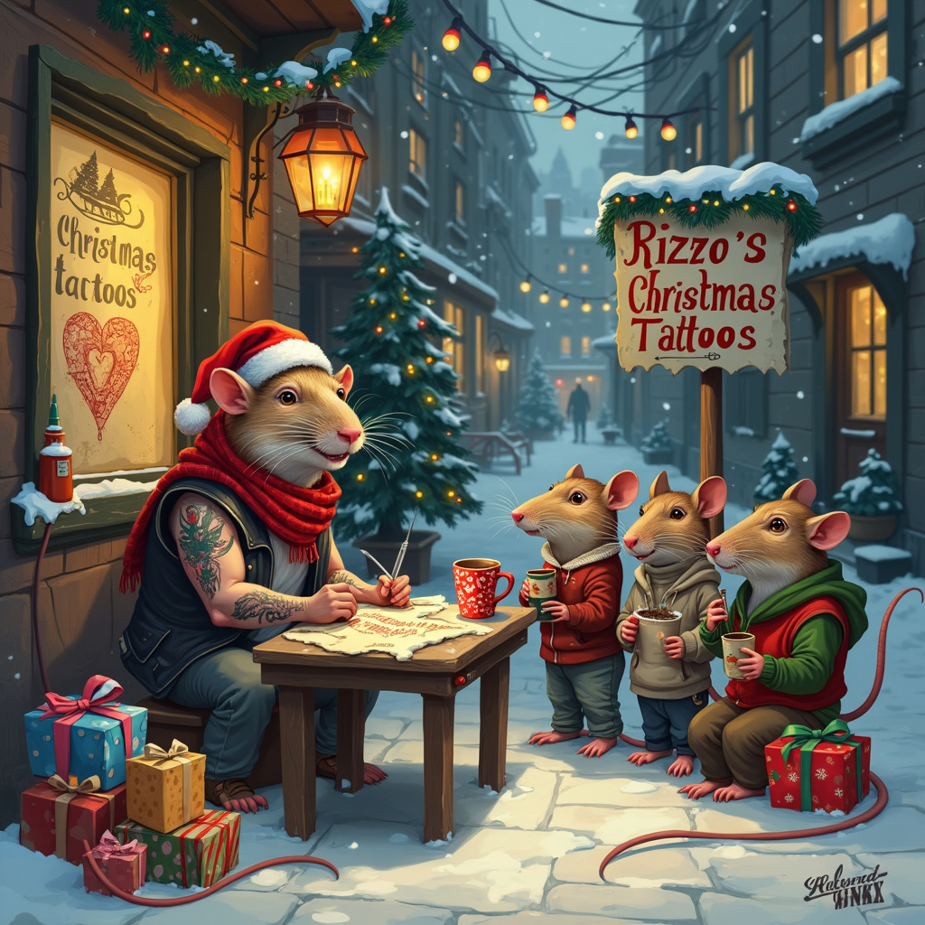 Picture a cozy, snow-dusted alleyway, where the holiday spirit is bustling even in the most unexpected corners of the city. In the foreground, there's a makeshift tattoo parlor set up by an industrious rat named Rizzo. He’s wearing a tiny Santa hat and festive red scarf, holding a tattoo needle with a grin. The parlor consists of a small wooden table cluttered with colorful ink bottles, and a roll of parchment paper displaying various Christmas-themed tattoo designs – think candy canes, Christmas trees, and jolly Santas.

On the left side of the scene, a muscular rat with a leather jacket and spiked collar is getting a tattoo on his bicep. The design? A heart with "Mom" written in bold, festive letters, complete with a little mistletoe above it. Another rat, a punk with a nose ring and a tiny Christmas sweater, watches eagerly, showing off his own tattoo – a sleigh being pulled by reindeer, with each reindeer sporting a different tattoo of their own.

To the right, a group of younger, hipster rats, each with a distinct style and a collection of tattoos, are sipping on tiny mugs of hot cocoa, their breath visible in the cold air. They’re gathered around a stack of Christmas gifts, each package wrapped in brightly colored paper with intricate patterns of snowflakes and holly.

In the background, you see the entrance to the alley, decorated with strings of twinkling fairy lights and a large, hand-painted sign that reads "Rizzo's Christmas Tattoos: Ink the Season!" There’s also a small, decorated Christmas tree with cheese ornaments and a star made of a cracker.

Snowflakes gently fall from the sky, adding a whimsical touch to the scene, while a distant cityscape dusted with snow completes the backdrop. The combination of the urban setting with the holiday cheer and the quirky tattoo parlor makes for a unique and delightful Christmas greeting card scene, capturing the spirit of the season in the most unexpected of places.
Generated with these themes: Rats, and Tattoos.
Made with ❤️ by AI.
