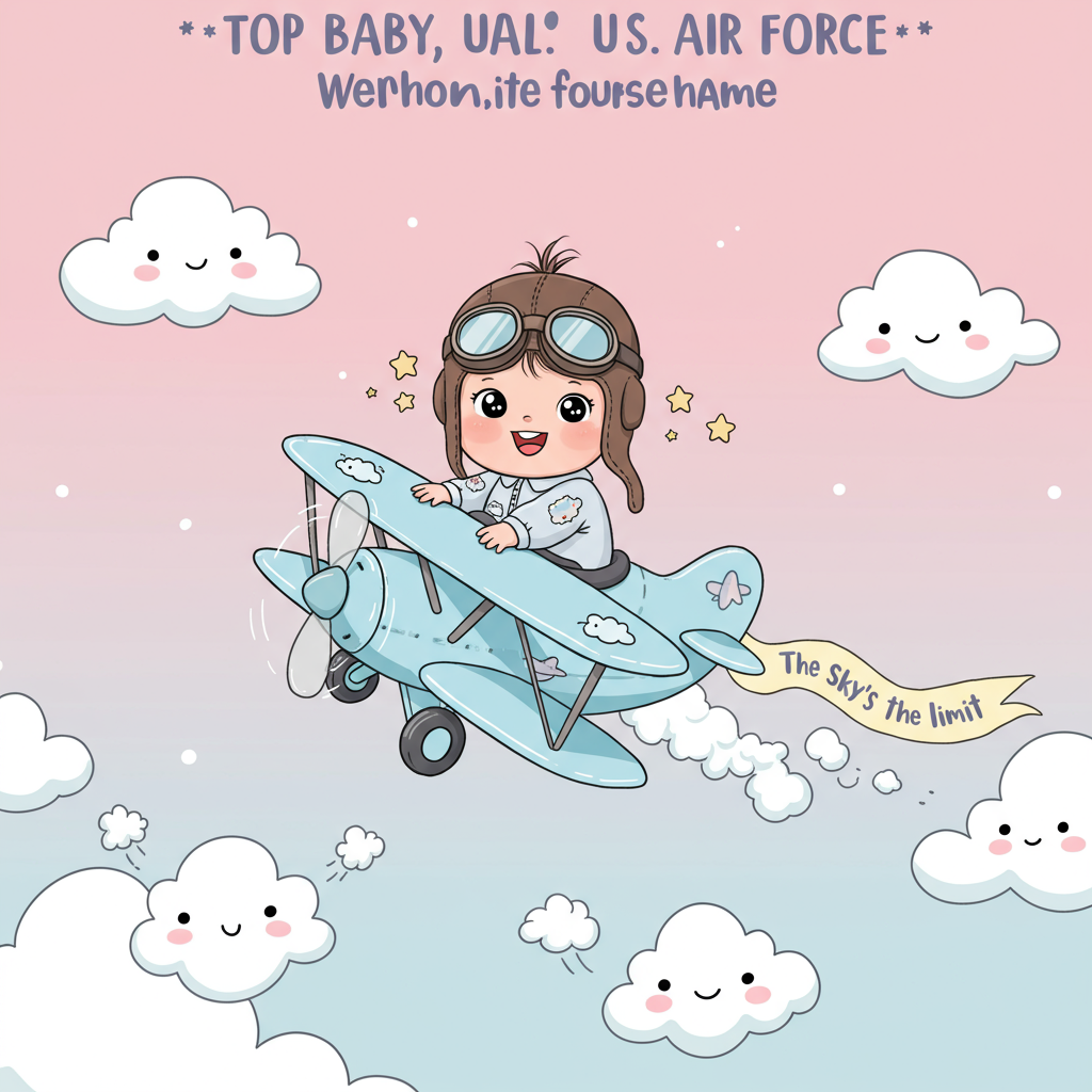 At the top of the Cartoon Style image, the text reads: **Top Baby, US Air Force**

Imagine a whimsical cartoon scene bursting with colors: a rosy-cheeked baby girl with oversized aviator goggles resting atop her fluffy hair, sitting in a tiny, pastel-blue biplane adorned with adorable little stars and clouds. The baby wears a cute flight suit with patches of fluffy clouds and tiny airplanes. Her expression is of pure joy and adventure, with little puffs of air trailing behind her as if she's soaring through the sky. Below, fluffy cartoon clouds with friendly faces cheer her on, while a tiny cartoon banner trails from the plane's tail with the cheeky text: “The Sky's the Limit!” The overall vibe is playful and celebratory, perfect for welcoming a future aviator into the world.
Generated with these themes:  baby girl Future aviator flyer , and .
Made with ❤️ by AI.