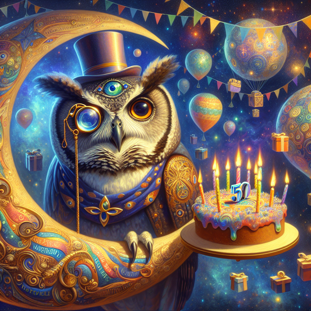Visualize a magnificent realm that is more like a dream. In this scene, a royal owl with eyes as profound as interstellar voids is the main character. It presents itself nobly on a floating crescent moon which is adorned with colorful flags that wave into the limitless space where the universe converges with the sky. The owl sports a monocle on one eye, indicating that it's 50 years old, and on its wing, it balances a fanciful birthday cake studded with a dazzling display of fifty lit candles. In the surrounding air, strange gifts hover, as elusive symbols and murmurs of ancient languages radiate from them, honoring the owl's fifty-year-old enigma.
Generated with these themes: Owl , and 50 years old.
Made with ❤️ by AI.