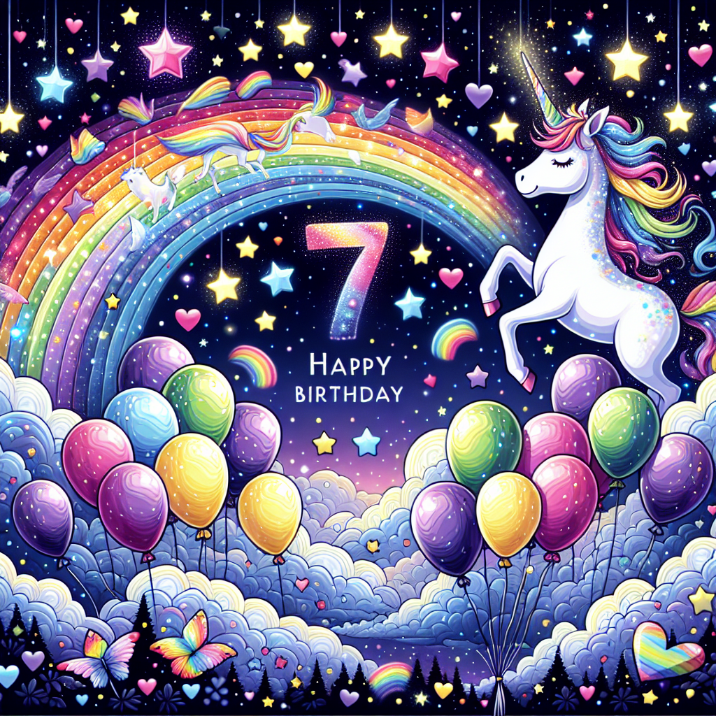 Illustrate a stunning celestial scene with bright, multicolored balloons rising towards the star-filled sky. Add slices of rainbows across the sky, creating joyous arcs. Prominently display a delightful unicorn at the center, glowing with fairytale-like innocence. Subtly incorporate alluring hints of the number '7' that aligns with the theme of a seventh birthday celebration. Use a palette full of rich, celebratory colors. Include scattered hearts that merge seamlessly into the whimsical motif, truly encapsulating the essence of a happy birthday in a distinctive cartoon style.
Generated with these themes: Sky full of bright balloons , Rainbows, Unicorn, Fairytale , 7, Bright colours , and Hearts .
Made with ❤️ by AI.
