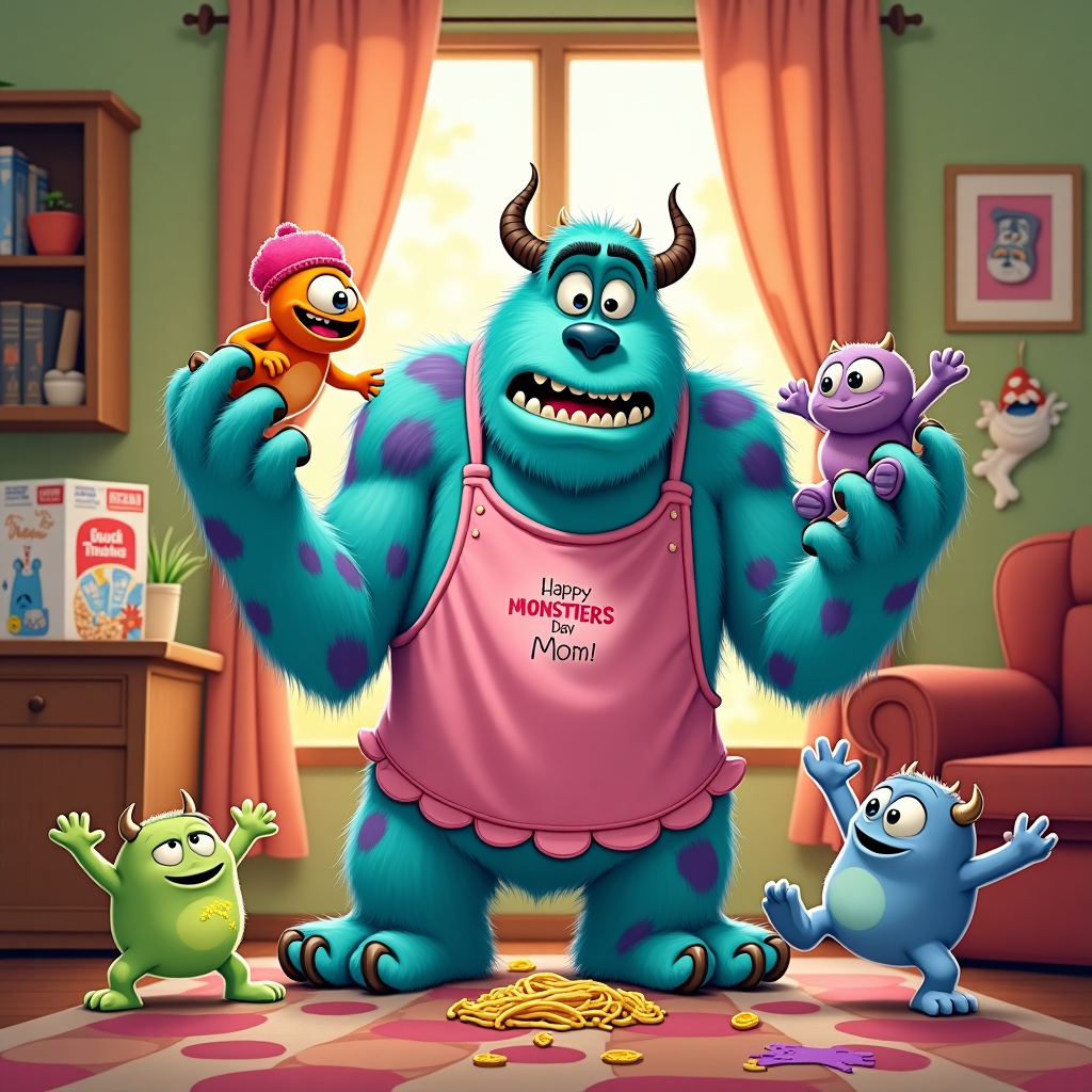 **Prompt:**  
At the top of the illustration image, write: *"Happy MONSTER'S Day, Mom!"*

**Image Description:**  
A hilarious scene unfolds in Sully’s cozy monster living room. Sully from Monsters Inc. is wearing a frilly pink apron with "Best Mom Substitute" embroidered on it. He’s juggling several arms (which are clearly not his — maybe borrowed from Mike!) while frantically trying to cook, clean, and keep a herd of wild sock-puppet "children" under control. The sock-puppets are misbehaving — one’s climbing the drapes, another's stuck in the cereal box, and a third is giving a messy finger-painting tribute that reads “We love you Mom!” in neon green slime.

Sully's fur is full of spaghetti, a diaper hangs off one horn, and he has a heroic-yet-panicked look in his eyes — the look of someone who just realized how amazing real moms truly are.

The whole scene is bursting with comedic chaos, vibrant colors, and silly little Easter eggs — like Boo’s door peeking out from behind a mountain of laundry and Mike hiding under the table pretending to help. The overall tone is playful and over-the-top, celebrating moms by showing just how *monstrously* hard their job really is!
Generated with these themes: Sully from monsters inc.
Made with ❤️ by AI.