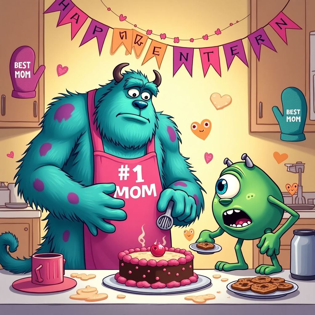 **Prompt:**

At the top of the illustration image: *"Happy Monsters Day, Mom — you scare 'em with love!"*

A colorful, humorous cartoon-style illustration set in the Monsters, Inc. universe. Sully is front and center, wearing an oversized pink “#1 Mom” apron and trying (badly) to bake a heart-shaped cake, batter flying everywhere. Mike Wazowski is off to the side holding a burned tray of cookies with an exasperated look. The background is full of playful chaos: monster-sized oven mitts, spilled flour shaped like hearts, and sticky “Best Mom Ever” banners draped awkwardly around the room. Everything is wild and warm, capturing the messy charm of motherhood—monster-style! Bright colors, bold outlines, and goofy details to make the scene laugh-out-loud funny and delightfully absurd.
Generated with these themes: Sully from monsters inc.
Made with ❤️ by AI.