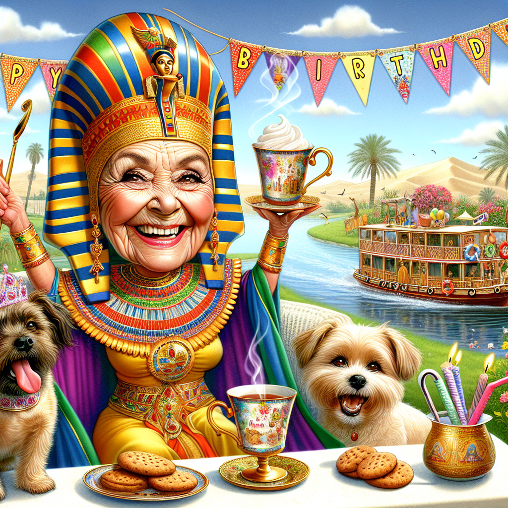 A jubilant caricature features a lively 94-year-old Middle-Eastern woman regally dressed in vibrant Egyptian pharaoh attire, presiding with grace over a charming riverboat on the Nile river. In her delightful company are two engaging canine friends: a small brown and a small yellow dog, both emanating a festive mood.  The background is alive with celebration, displaying a 'Happy Birthday' banner elegantly swinging in the breeze. Seamlessly incorporated into this cheerful scene are her preferred hobbies: an abundant garden teeming with lush vegetation and blooming flowers next to a fizzy hot tub, inviting relaxation. Concluding the festive scene, a piping hot cup of tea served with a variety of scrumptious biscuits offers a pause for pleasure amid the birthday festivities.
Generated with these themes: 94 year old woman as an egyptian pharaoh sitting on a boat on the Nile River, Happy Birthday sign in the background, 1 small brown dog and 1 small yellow dog, Gardening, Hot tub, and Cup of tea and biscuits.
Made with ❤️ by AI.