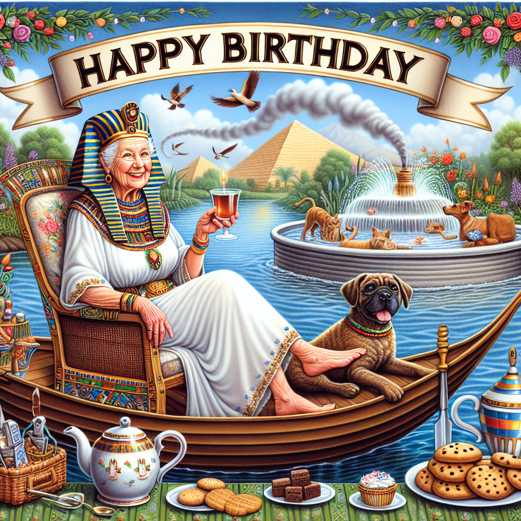 A jovial, birthday-themed illustration contains a Caucasian 94-year-old woman sitting majestically as an Egyptian pharaoh on a boat gently floating on the Nile River. A little brown and yellow dog, her cherished pet, adds to the warmth with their lively demeanor. Drawing attention upwards, behind this peaceful riverscape, a banner streams 'Happy Birthday', spraying goodwill towards the day's focal point. Various elements of her favorite hobbies integrate into the environment: a thriving, well-managed garden presents a lush background, while a bubbling hot tub extends an invitation for tranquillity and leisure. To round out the celebratory atmosphere, a mug of tea alongside an enticing assortment of biscuits sits within easy reach, poised for enjoyment.
Generated with these themes: 94 year old woman as an egyptian pharaoh sitting on a boat on the Nile River, Happy Birthday sign in the background, 1 small brown dog and 1 small yellow dog, Gardening, Hot tub, and Cup of tea and biscuits.
Made with ❤️ by AI.
