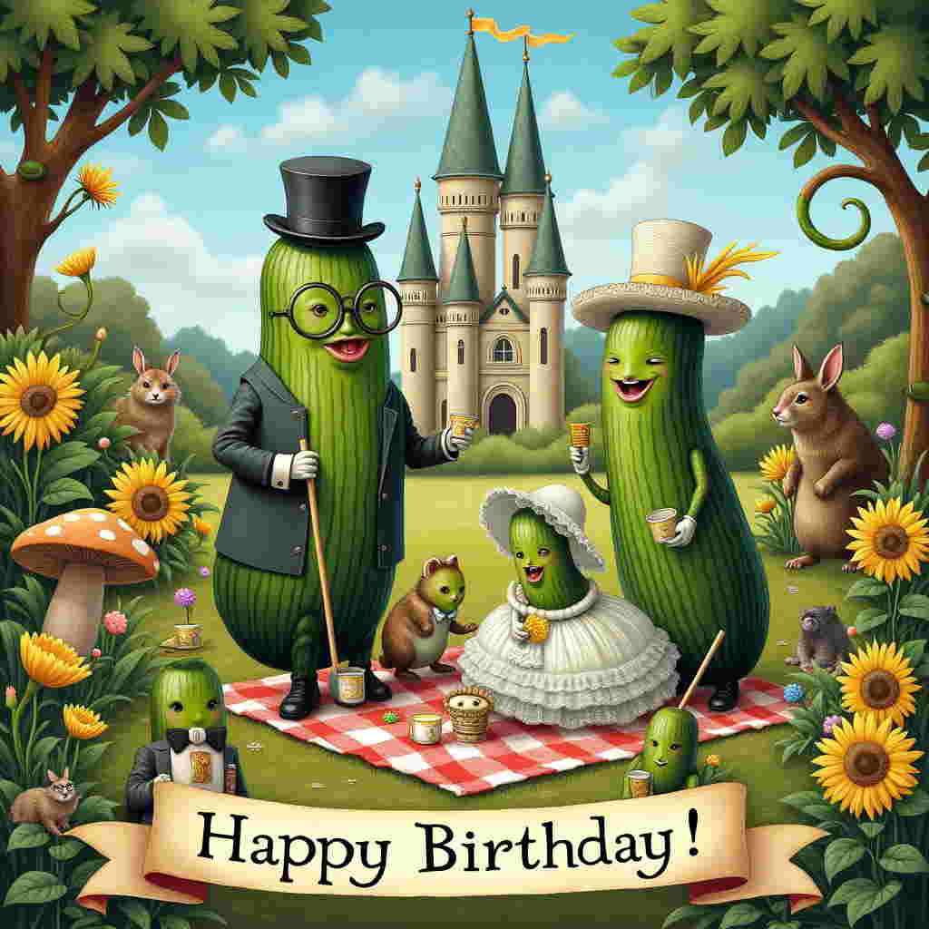 On the front of this quirky birthday card, a whimsical illustration unfolds within a lush garden party. The scene is an eccentric picnic attended by anthropomorphic cucumbers dressed in formal Victorian attire—a nod to the detailed storytelling styles of Beatrix Potter and Edward Gorey. At the center, a dapper cucumber gentleman, with a monocle and a top hat slightly askew, stands poised as if delivering a rousing toast with a dainty teacup in his hand. His cucumber lady counterpart, adorned in a frilly lace gown complete with a bonnet, sits on a checkered blanket, giggling behind her gloved hand.

Surrounding them, smaller cucumber children frolic in their Sunday best, engaged in a spirited game of croquet, their mallets crafted from matchsticks and buttons. The garden itself is a tapestry of vibrant greens and colorful flora reminiscent of Maxfield Parrish’s rich palette. Nearby, a curious gathering of woodland creatures, including a rabbit with spectacles and a hedgehog wearing a bow tie, peek through blooming sunflowers and giant mushrooms, a touch of Maurice Sendak’s mischievous charm.

In the background, a towering, ornate cucumber castle, echoing Gustave Doré’s fantastical architecture, overlooks the festivities. Its turrets are crafted from artfully stacked pickle jars and its flags flutter with slices of lemon. The sky is a cerulean blue, dotted with fluffy clouds shaped like slices of cucumber. At the bottom, a banner reading "Happy Birthday!" unfurls in a flourish of Victorian script, cleverly entwined with curly cucumber vines. This scene tells a delightful tale of whimsy and charm, perfectly suited for a lighthearted birthday celebration.
Generated with these themes: CUCUMBER, and .
Made with ❤️ by AI.
