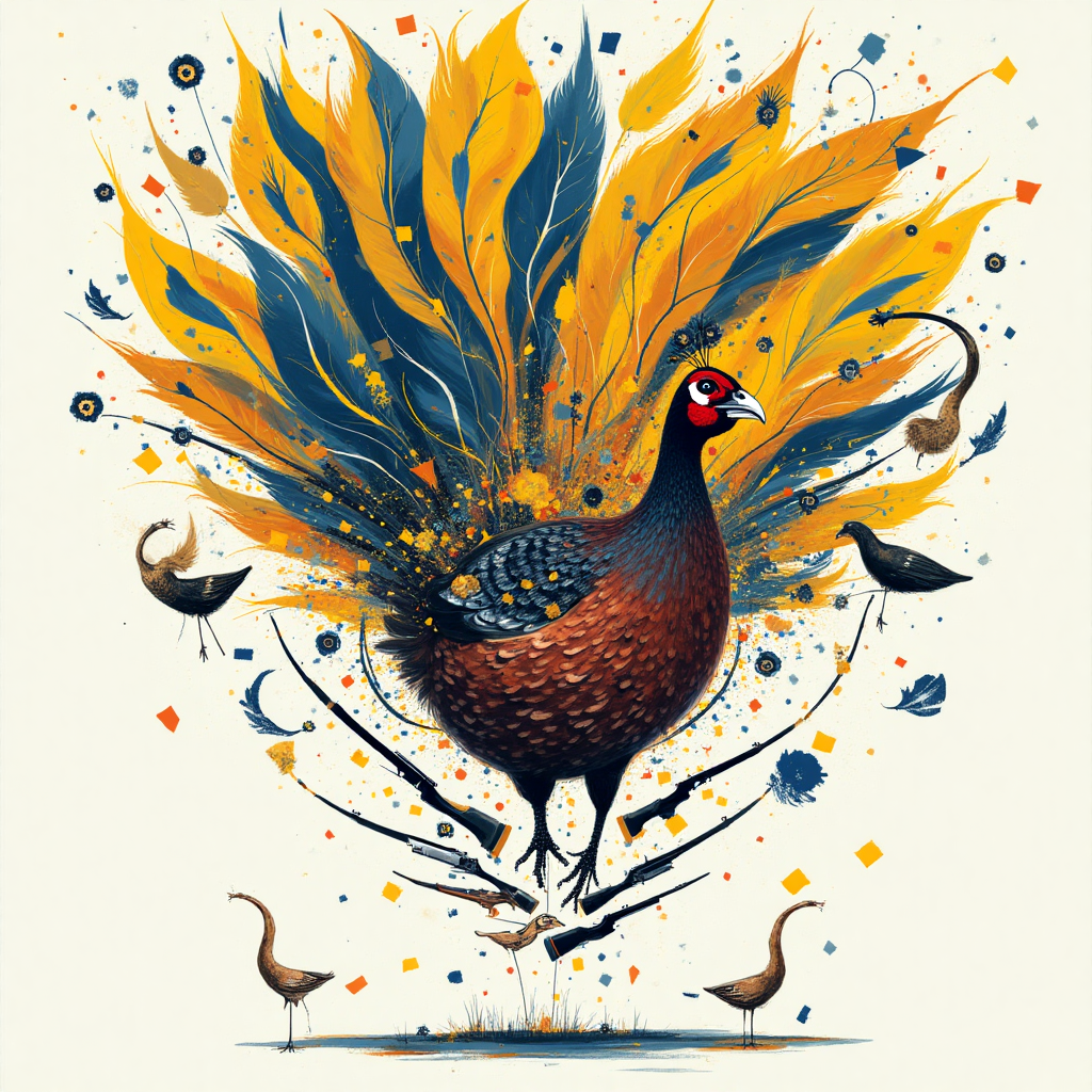 At the top of the Abstract Style image, the word "Brother" should appear.

---

**Prompt for Image:**

Imagine a whimsical abstract scene bursting with energy and humor. Central to the composition is an assemblage of pheasant feathers and vibrant Leeds United football motifs. The feathers spiral upwards, forming a plume reminiscent of a peacock's display, while incorporating the iconic colors of Leeds United—yellow, blue, and white—in geometric shapes and dynamic brush-stroke textures. Nestled within this kaleidoscope of color, an abstracted pheasant appears to sport a cheeky grin, cheekily balancing a football on its head.

In the midst of this colorful chaos, abstract interpretations of old-fashioned hunting rifles are suspended, their shapes distorted into playful squiggles and curls. They seem to be engaged in an energetic dance with the pheasant feathers, weaving in and out of the composition with a joyful exuberance.

A small caption near the bottom reads, "Pheasant-ly Surprised You Made it Another Year!" in a playful, swirling script that mimics the curves and energy of the artwork.
Generated with these themes: Pheasants guns Leeds united , and .
Made with ❤️ by AI.