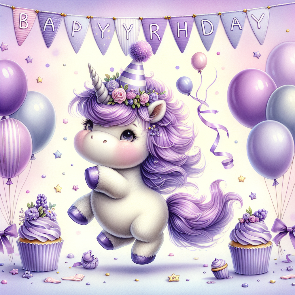 A whimsical birthday-themed illustration that showcases a delightful, chubby little unicorn with a mane and tail in varying shades of lilac. It's playfully prancing among a scattering of pastel balloons against a soft lavender backdrop. A striped party hat, shining with tones of purple and white, adorns its head. A delicate banner of purple bunting gently sways above, inscribed with 'Happy Birthday' in an enchanting font. Additions of tiny purple stars and cupcakes with violet frosting enhance the festive atmosphere.
Generated with these themes: Purple .
Made with ❤️ by AI.