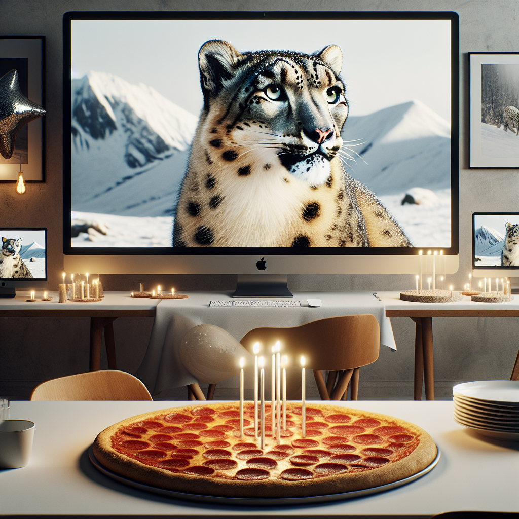 In a minimalist room, generic brand computers can be seen scattered around the area, displaying a slideshow of breathtaking snow leopard images captured by a professional photographer. The atmosphere is intimate and cheerful, with subtly placed birthday decorations that radiate refined elegance. At the heart of the room, a table is visible that holds a well-styled pepperoni pizza featured in a realistic food photograph, which appears so tantalizing that it seems to emerge from the image and become the centerpiece of a birthday feast.
Generated with these themes: Apple computers, Photography, Snow leopards, and Pepperoni pizza.
Made with ❤️ by AI.