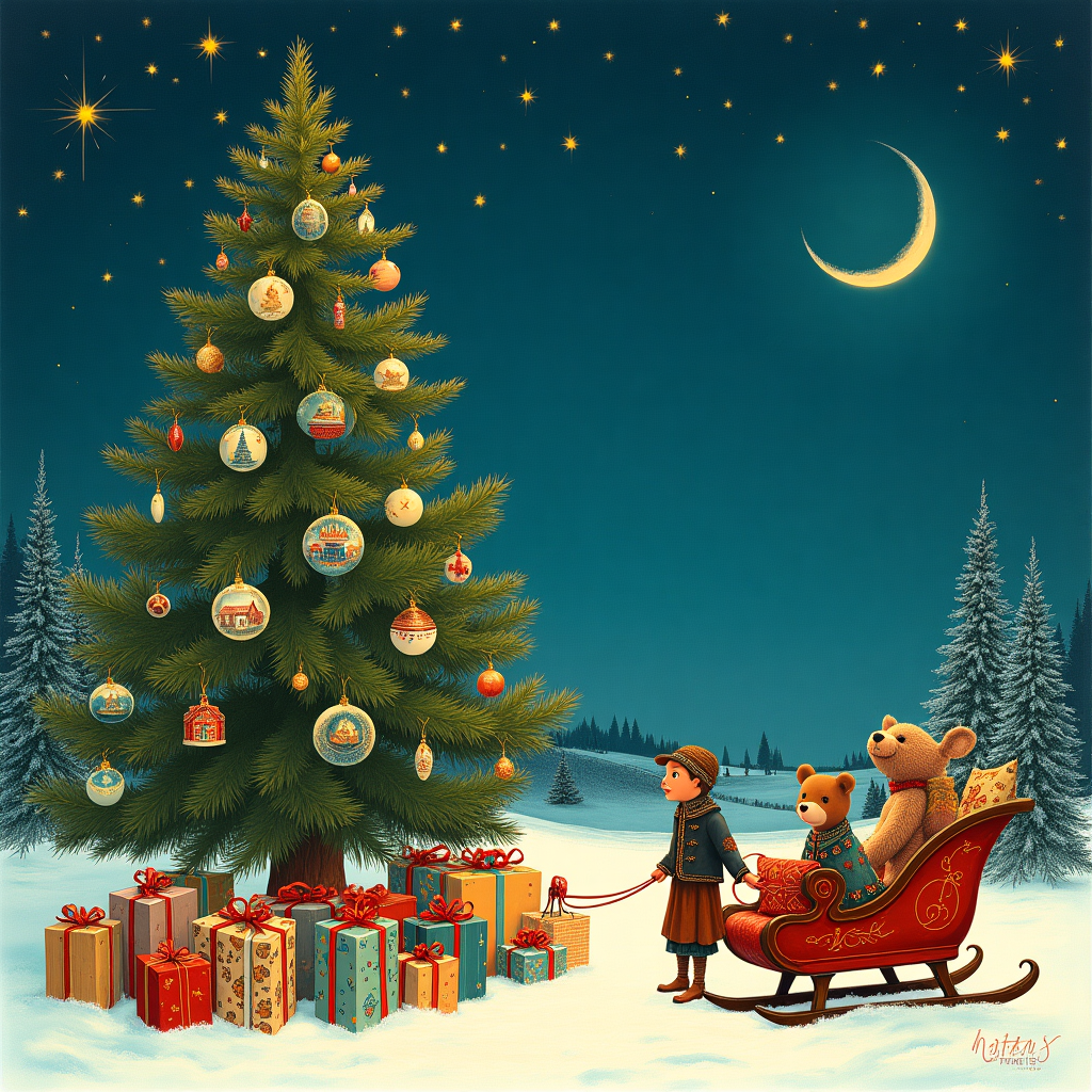 In the foreground of this solemn Christmas-themed card, a vintage-style Christmas tree stands tall, its branches adorned with intricately detailed ornaments reminiscent of Arthur Rackham’s whimsical linework. Each ornament tells its own story: a delicate glass ballerina pirouettes beside a miniature ship that might have sailed straight out of an N.C. Wyeth illustration. Underneath the tree, an array of gifts sits carefully wrapped, each box featuring patterns inspired by Edward Gorey’s signature cross-hatching, lending an air of mystery. The tree skirt is a snowy white, echoing the intricacies of Beatrix Potter's natural scenes, embroidered with woodland creatures peeking out as if awaiting their turn to join the festivities.

In the background, the night sky is painted in a rich Maxfield Parrish blue, studded with stars that twinkle like tiny Quentin Blake illustrations. The stars align to spell out "Maratonina Udinese" across the sky, their glow casting a warm light onto the scene below. Nearby, a small, intricately detailed sleigh, reminiscent of Gustave Doré's epic engravings, rests beside the tree, filled with parcels wrapped in shiny paper, their ribbons curling like the elegant lines of Aubrey Beardsley's work. A lone teddy bear, akin to Maurice Sendak’s imaginative creatures, peeks out from one of the packages, its eyes wide with wonder.

Adding to the rich tapestry of the scene, a group of figures, reminiscent of Norman Rockwell’s Americana, gather around the tree, their expressions captured mid-conversation as they share tales of yesteryear. Their clothing, detailed with the bold colors and textures of an N.C. Wyeth painting, speaks of warmth and tradition. The snow outside, seen through a frosted window, sparkles under the ethereal light of a crescent moon, capturing the serene beauty of the season and framing this heartfelt Christmas story on the greeting card.
Generated with these themes: christmas tree with gift.
Made with ❤️ by AI.