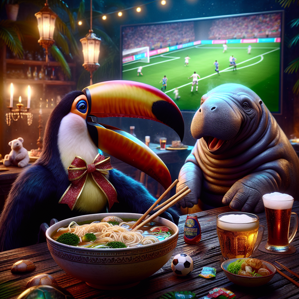 An enchanting scene at a birthday party is taking place. A jovial toucan, embellished with a festive ribbon, is sharing a table with a joyful manatee. A game of soccer is being broadcast on a large television screen in the background. The table is brimming with elements of birthday cheer, including a steaming bowl of ramen and a cold, bubbly glass of stout beer, creating an atmosphere ripe for a spectacular celebration.
Generated with these themes: Toucan, Manatee, Soccer, Guinness , Party, Ramen, and Birthday.
Made with ❤️ by AI.