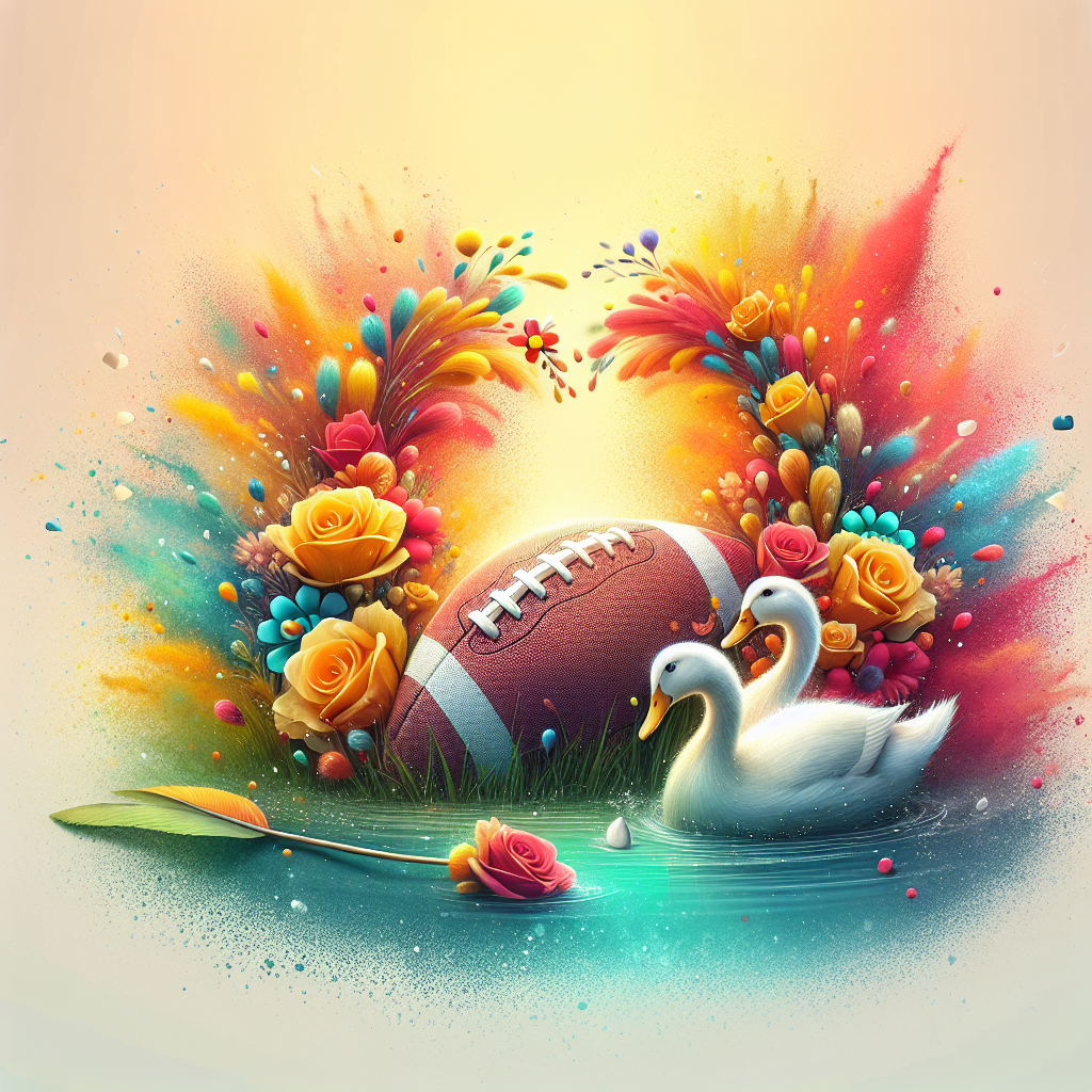 Create a vivid image that illustrates a heartwarming anniversary scene. In the middle of this romantic setting, there is a football resting amidst a splash of effervescent flowers, indicating a mutual passion for sports. Two ducks, emblematic of partnership, enjoy the serene environment around them. This composition reflects enduring love and unity, drawing a perfect picture of togetherness.
Generated with these themes: Football, Flowers, and Ducks.
Made with ❤️ by AI.