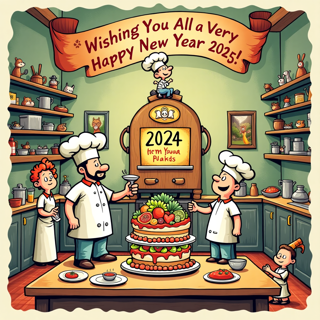 In this whimsical thank-you greeting card design, imagine a lively kitchen where the magic of gratitude and celebration unfolds. The central focus is Chef Vijay, a cartoon character inspired by the exuberance of Walt Disney's creations, standing with a chef's hat that seems almost too big for his head, adding a comedic touch reminiscent of Charles Schulz's Peanuts. Surrounding him are his animated team members: Caroline, a sprightly figure with a mop of curly hair like Calvin from Calvin and Hobbes, is joyfully juggling a collection of fruits and vegetables in mid-air, while Ronald, with a mischievous grin akin to Hergé's Tintin, is balancing a tower of plates and glasses with improbable precision.

Christina, drawn with the stylized eyes and expressive features of Osamu Tezuka's characters, is sitting atop a giant cake decorated to say "Thank You for 2024" in vibrant frosting. In the background, a large, anthropomorphic calendar with a face similar to Winsor McCay’s Little Nemo characters, is turning its own pages, showing the year flipping from 2024 to 2025 with animated delight. A banner overhead, drawn with the bold lines of Will Eisner's graphic novels, reads "Wishing You All a Very Happy New Year 2025!"

The kitchen is a kaleidoscope of color, with walls adorned by cartoonish renditions of famous art pieces, perhaps hinting at Art Spiegelman's influence. The shelves are stocked with quirky cooking gadgets that have a mind of their own, adding a touch of Gary Larson's The Far Side humor. All around, the scene is bustling with tiny, energetic animals and imaginary creatures peeking out from corners, inspired by R. Crumb's underground comix style, each one animatedly thanking the viewer. This dynamic and eclectic scene celebrates gratitude, creativity, and a joyful leap into the new year.
Generated with these themes: Thank you for all the love and support. We are very grateful for 2024. Wishing you all a very happy New Year 2025 Chef Vijay, Caroline, Ronald, Christina and team.
Made with ❤️ by AI.