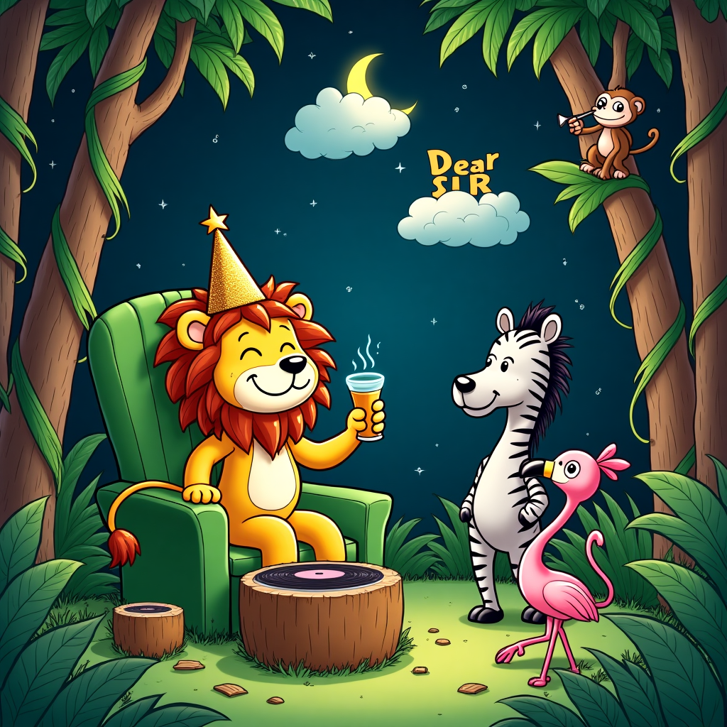 In the heart of a lush, cartoon jungle reminiscent of Disney's colorful palettes and Tezuka's vibrant character designs, we find an unexpected New Year's Eve celebration unfolding. The scene is set in a small clearing surrounded by towering trees with whimsically twisted branches, their leaves forming a natural garland. At the center of this festive jungle clearing stands a grand, makeshift throne cobbled together from giant banana leaves and coconuts, occupied by none other than Leo, the dapper lion, donning a sparkling, gold party hat adorned with a glittery "King of the Jungle" sash. Leo, in a pose that channels Schulz's Snoopy atop his doghouse, raises a coconut shell cup in a toast, while his feline smile beams wide.

To Leo's left, a zebra DJ is energetically spinning records on a turntable made from a large tree stump, with jungle vines hanging overhead, a nod to Eisner's use of innovative layouts. Nearby, a gorilla and a flamingo are engaged in a spirited dance-off, inspired by Watterson's animated expressions, with exaggerated movements and comically exaggerated faces. Their playful dance is made even more fun by a whimsical disco ball, created from a collection of shiny coconuts suspended by vines.

Above this lively scene, the night sky is a tapestry of twinkling stars and a crescent moon, a tribute to McCay's dreamscapes. Here, among the stars, floats a cluster of fluffy clouds that form the words "Dear Sir," illuminated as if by moonlight. The scene wouldn't be complete without a nod to Hergé, so a small, mischievous monkey holds a Tintin-style spyglass, surveying the party from atop a palm tree, ready to ring in the New Year with his jungle friends.
Generated with these themes: King of the Jungle.
Made with ❤️ by AI.