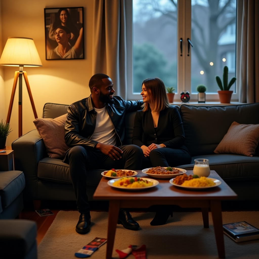 Muscular black man tall and skinny legs wearing leather jacket, Short cute white lady with dark brown hair with blonde balayage, Lady wearing black, Sitting on a dark grey corner sofa, and Eating Indian food and watching netflix Anniversary Card