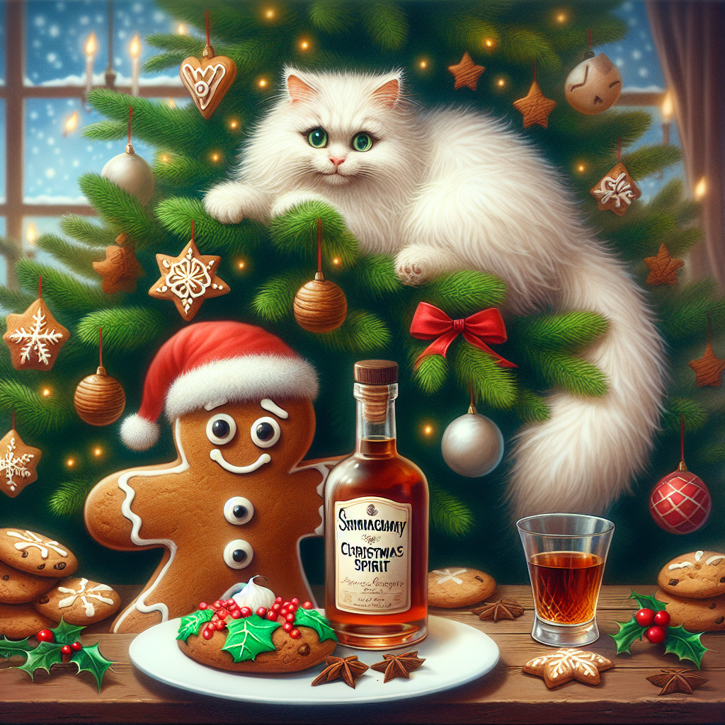 Create a whimsical birthday illustration embodying the holiday spirit. Picture a gingerbread man detailed with a cheeky frown and sugar frosting, surrounded by a visibly disturbed fluffy white cat stuck in the branches of a decorated Christmas tree. The cat should have an innocent and puzzled expression, implying 'who, me?'. The festive ambience is further heightened by the presence of an unbranded, smooth bottle of rum resting by a delightful arrangement of assorted cookies placed neatly on a festive plate, suggesting an upcoming celebration through the night.
Generated with these themes: Gingerbread man swearing , Christmas tree with a white cat stuck inside it , and Bacardi and cookies left on a plate.
Made with ❤️ by AI.