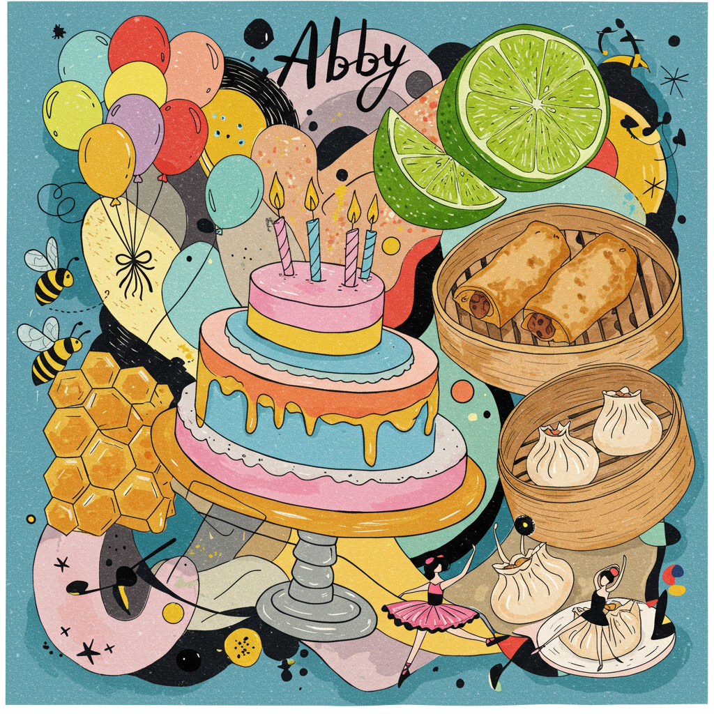 On the card, imagine an explosion of abstract shapes and vibrant colors swirling together in a playful chaos reminiscent of a Kandinsky painting. At the center, an abstracted birthday cake composed of geometric forms—circular layers of pastel pinks, vibrant oranges, and electric blues—dominates the scene. Each layer of the cake seems to float, separated by thin lines of gold and silver.

To the left, bright balloons hover, each depicted as a simple sphere of color—bold reds, yellows, and greens—outlined in thick, energetic black lines akin to de Kooning's bold strokes. The strings are scribbled lines, looping and intertwining in a dance.

Near the cake, bees swarm in an organized cluster, their bodies abstracted into ellipses of black and yellow, flitting around a dripping, golden honeycomb hexagon—a nod to the geometric style of Mondrian. The honeycomb seems to be an extension of the cake, as if they share a single canvas.

At the bottom right, tiny ballerinas twirl, their forms reduced to sweeping curves and spirals of pale lavender and mint green, echoing the fluidity of Miró’s line work. Each figure appears as a blur of movement, their tutus unfurling like petals.

Above the cake, a lime is split open, its vibrant green and zesty yellow represented in sharp, angular shards, like something from a Malevich composition. The lime's texture is a chaos of cross-hatched lines, giving it a tactile quality.

Spring rolls and dim sums appear to the right, illustrated as a series of rolling, overlapping rectangles and circles in hues of warm earth tones—taupes, ochres, and whites. These shapes stack and lean in a Pollock-like pattern, resembling the abstract notion of food rather than their literal form.

Across the top of the card, the name "Abby" is scrawled in a Cy Twombly inspired script, its letters looping and twisting through the air like a piece of graffiti. It's nestled among a wispy cloud of pale cerulean and soft lavender, creating a sky that feels endless and inviting.

The background is a Rothko-esque gradient, a gentle blend from soft peach at the bottom to a twilight blue at the top, framing the abstract celebration in a serene, dreamy atmosphere.
Generated with these themes: Birthday cake, Balloons, Bees, Honey, Ballerinas, Lime, Spring rolls, and Dim sums.
Made with ❤️ by AI.