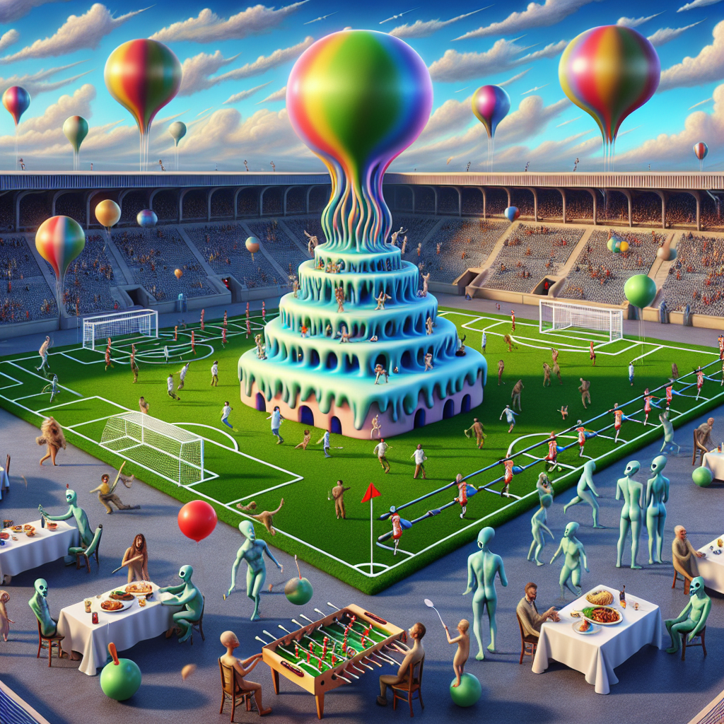 Visualize a lively birthday celebration happening in a large town, with a touch of Surrealism. Ethereal beings of undefined descent and both genders are socializing with people, and there are hovering globular balloons around that change hues according to the emotional state of the holder. In the center of the party, an elaborate cake designed like a football field is placed with its layers mimicking the voluptuous green lawn and goal posts at both ends. An animated foosball table featuring faceless caricatures playing continuous matches, enthralls the guests. Additionally, imaginary creatures serve up dishes that seem to suspend in the air against logic. In the backdrop, there is a familiar local football stadium, but with an added dreamlike element - a melting timepiece cascading over the seating area, reminiscent of an artwork from the Surrealist era.
Generated with these themes: Tottenham .
Made with ❤️ by AI.