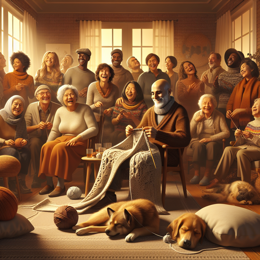 Image of a warm, inviting birthday party. The scene is set in a warmly illuminated room featuring a diverse group of family members and friends of different descents and genders. Males and females, White, Hispanic, Black, Middle-Eastern, and South Asian individuals mingle cheerfully. Amidst the joyous crowd, the birthday individual of Caucasian descent is seated, a wide smile on their face. A semi-completed scarf is casually draped over their lap while they knit. The room reverberates with the soft clacking sounds of the knitting needles. At their feet, a group of dogs of various breeds are peacefully snoozing, infusing an essence of homely comfort. The room is decorated in a minimalistic fashion with subtle ornaments that magnify the genuine beauty of the occasion, emphasizing unity and the simplistic joys of life.
Generated with these themes: Knitting, Dogs, Family, and Friends.
Made with ❤️ by AI.
