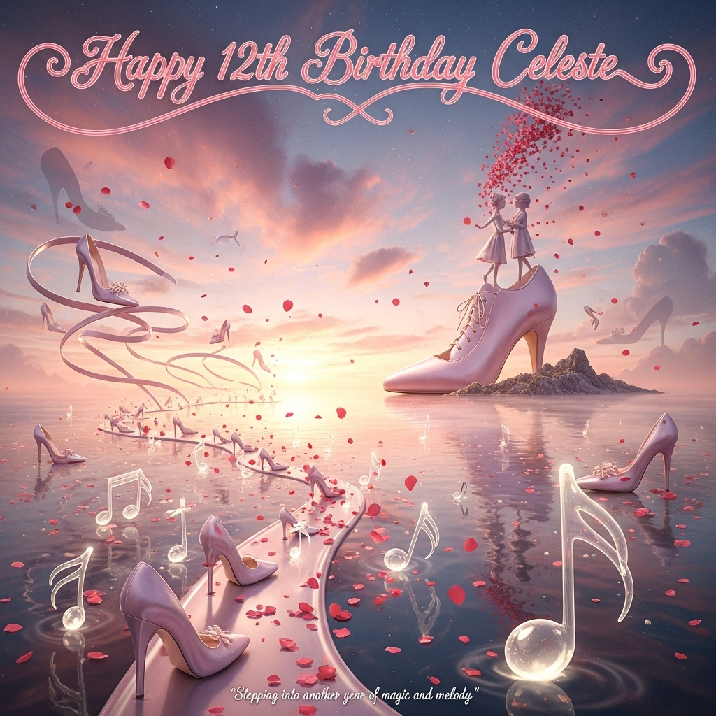 At the top of the Surreal Style image, in elegant swirling candy-pink script, write: **Happy 12th Birthday Celeste**.  

A dreamlike, romantic surreal landscape bathed in a soft rose-gold glow: a vast horizon of floating satin high-heeled shoes drifting like clouds, their heels elongating into twisting ribbons that melt into the air. A path of shimmering pearl-pink shoes winds across a sea of translucent bubble-music notes, each note softly glowing and releasing tiny heart-shaped petals into the sky. In the distance, an enormous shoe-shaped island rises from a misty lake, its surface a glittering mirror reflecting the twilight blush of the heavens. The sky swirls with warm pastel hues—blush, peach, and lavender—while a pair of elegant, anthropomorphic shoes, with delicate lace-up smiles, serenade each other under a cascade of falling rose petals. The air sparkles with golden dust motes, and faint silhouettes of dancing stiletto forms drift among the clouds. The lighting is ethereal and romantic, with surreal melting shadows.  

Small whimsical caption at the bottom in delicate handwriting: **“Stepping into another year of magic and melody”**
Generated with these themes: Shoes fashion pink singing, and .
Made with ❤️ by AI.