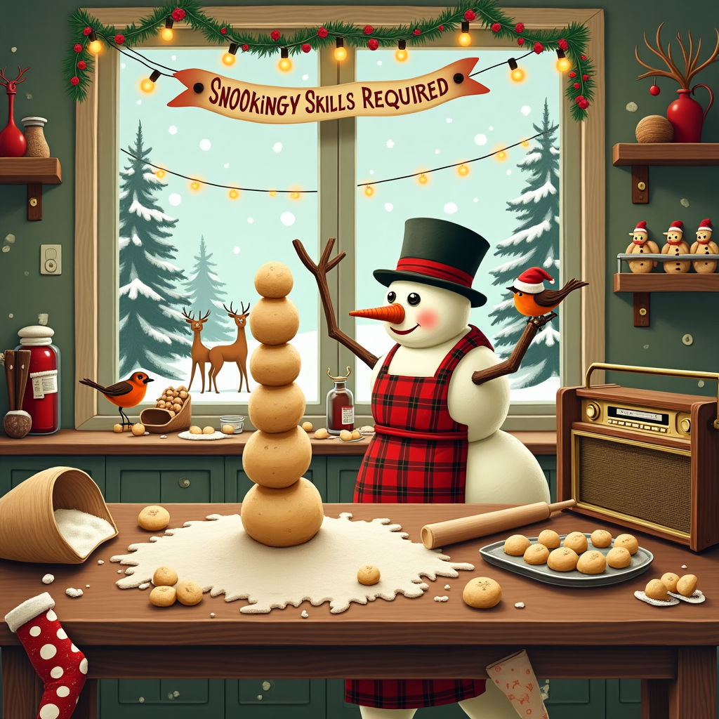 The scene unfolds in a charmingly chaotic holiday kitchen where a jovial snowman with a carrot nose and button eyes, wearing a red-and-green plaid apron, attempts to bake cookies. In true whimsical fashion, his stick arms are hilariously too short to reach the rolling pin on the counter. A towering stack of cookie dough balls, each uniquely shaped like miniature snowmen, teeters perilously on a nearby tray. The kitchen, bathed in warm, golden light, showcases a large wooden table strewn with ingredients; an open bag of flour spilling onto the floor, a carton of eggs—one of which has already splattered, creating an eggy mess—and a tipped-over bottle of vanilla extract dribbling its essence across a pile of sugar. 

Perched on the windowsill is a curious robin, donning a tiny Santa hat, its head cocked in bewilderment at the snowman's culinary antics. Outside the frosted window, a winter wonderland beckons, with snow-draped pine trees and a family of deer quietly observing the scene inside. Hanging above the window, a string of twinkling fairy lights and sprigs of holly add festive flair. The floor is scattered with various mismatched Christmas socks, each with quirky patterns of reindeer, snowflakes, and gingerbread men, suggesting that an overzealous elf might have been interrupted mid-decorating. In the corner, a small, antique radio plays softly, complete with an old-fashioned dial and wood finish, offering a subtle nod to Rockwell’s era. 

Finally, suspended above the scene, a cheeky banner reads, "SNOW Cooking Skills Required," in a font reminiscent of Beardsley's intricate linework, adding a playful touch to the bustling scene. This tableau captures the humor of a snowman trying his hand at holiday baking, with elements of nostalgia and whimsy woven seamlessly into the chaotic yet heartwarming holiday vignette.
Generated with these themes: test.
Made with ❤️ by AI.