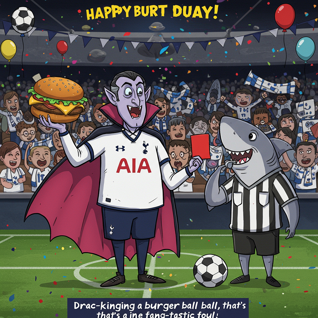At the top of the Cartoon Style image, the text reads "Happy Burt Day!"

---

**Image Description:**

In a whimsical cartoon scene, Count Dracula is decked out in a Tottenham Hotspur jersey, complete with a vampire cape billowing dramatically behind him. He stands in the middle of a football pitch, looking baffled and holding a football shaped like a giant hamburger. 

To his right, a shark dressed as a football referee, wearing a striped shirt, is blowing a whistle and holding up a red card, wagging a fin in disapproval. 

The background is a chaotic mix of confetti, balloons, and cartoon spectators in the stands, all wearing Tottenham scarves and hats, cheering enthusiastically. The whole scene is bursting with energy, vibrant colors, and exaggerated cartoon features.

Below the image, in a playful, bold font, the caption reads: "Drac-king a burger ball, that's a fang-tastic foul!"
Generated with these themes: Dracula, Tottenham Hotspur, Sharks, Burgers, and .
Made with ❤️ by AI.