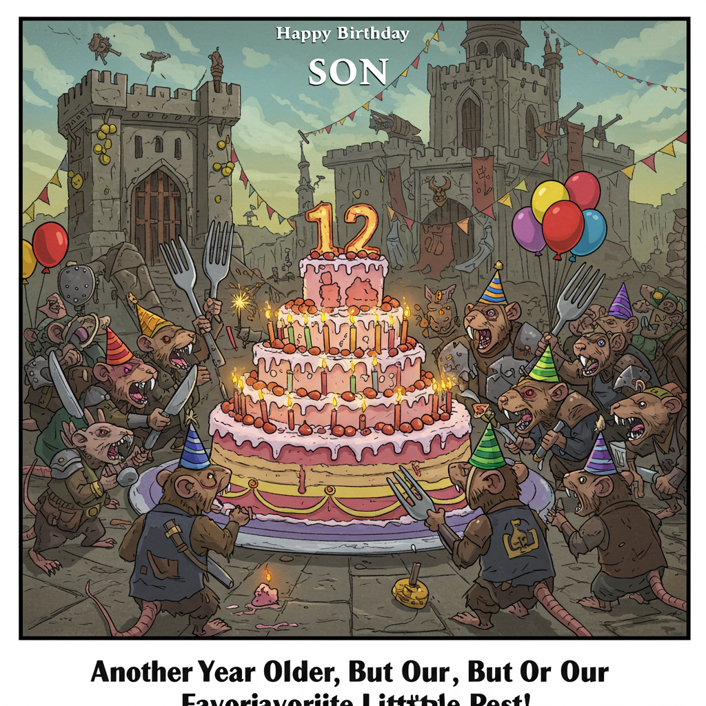 At the top of the Cartoon Style image, include the text: "Happy Birthday Son"

---

**Image Description:**

In a whimsical, vibrant cartoon style, a scene from the Warhammer universe unfolds with a funny twist. A band of mischievous Skaven, the rat-like creatures, are gathered around a giant, brightly colored birthday cake. The Skaven are dressed in comical party hats and wield oversized forks and knives, ready to dig into the cake. One particularly exuberant Skaven is joyously blowing a party horn, its tail wrapped around a balloon with the number "12" on it.

In the background, a towering Warhammer fortress is humorously adorned with streamers and balloons, as though a surprise party has taken over the usually grim setting. The Skaven, known for their devious nature, are clumsily attempting to light the candles with sparklers, adding a touch of chaos to the celebration.

At the bottom of the image, in a playful, cartoonish font, the text reads: "Another Year Older, But Still Our Favorite Little Pest!"
Generated with these themes: Warhammer Skaven , and .
Made with ❤️ by AI.