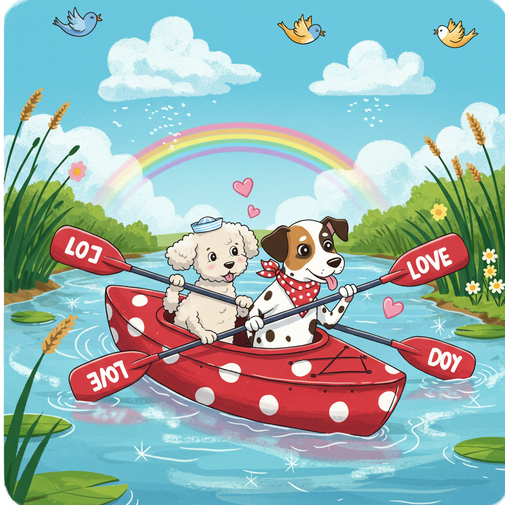 In the foreground of the greeting card, two cartoon-style dogs are seated in a bright red kayak, which is shaped like a giant heart. The kayak is adorned with large, exaggerated white polka dots and a pair of comically oversized paddles. Each paddle is painted with the word "LOVE" in a bold, bubbly font. The dogs are drawn with expressive, exaggerated features inspired by the charm of classic comic strips, giving them a whimsical and endearing appearance.

The first dog, a small, fluffy white poodle with an exaggerated poofy tail, sports a jaunty sailor's cap tilted to one side. It’s playfully grasping one of the paddles with its paw, its large cartoon eyes focusing on the water ahead. The second dog, a larger, brown and black-spotted Dalmatian, wears a polka dot bandana around its neck. It holds the other paddle, with its tongue lolling out playfully from the side of its mouth.

The background features a vibrant, serene river that flows beneath a colorful arching rainbow. The water is a bright, reflective blue with sparkles, drawing inspiration from classic animated films. Cartoonish heart-shaped bubbles float gently upwards from the kayak, adding to the light-hearted charm of the scene. Along the riverbanks, tall, stylized green grasses and cheerful, oversized daisies in shades of pink and yellow sway gently, reminiscent of the natural landscapes often seen in whimsical comic strips.

Above the river, the sky is a vivid blue, with fluffy white clouds forming into subtle heart shapes. Two cartoon birds, one blue and one yellow, fly overhead, their wings slightly exaggerated and trailing behind them in a playful swirl.

This lively, love-filled illustration bursts with color and charming details, capturing the essence of a romantic adventure on a Valentine's Day outing.
Generated with these themes: two dogs in love on a kayak.
Made with ❤️ by AI.