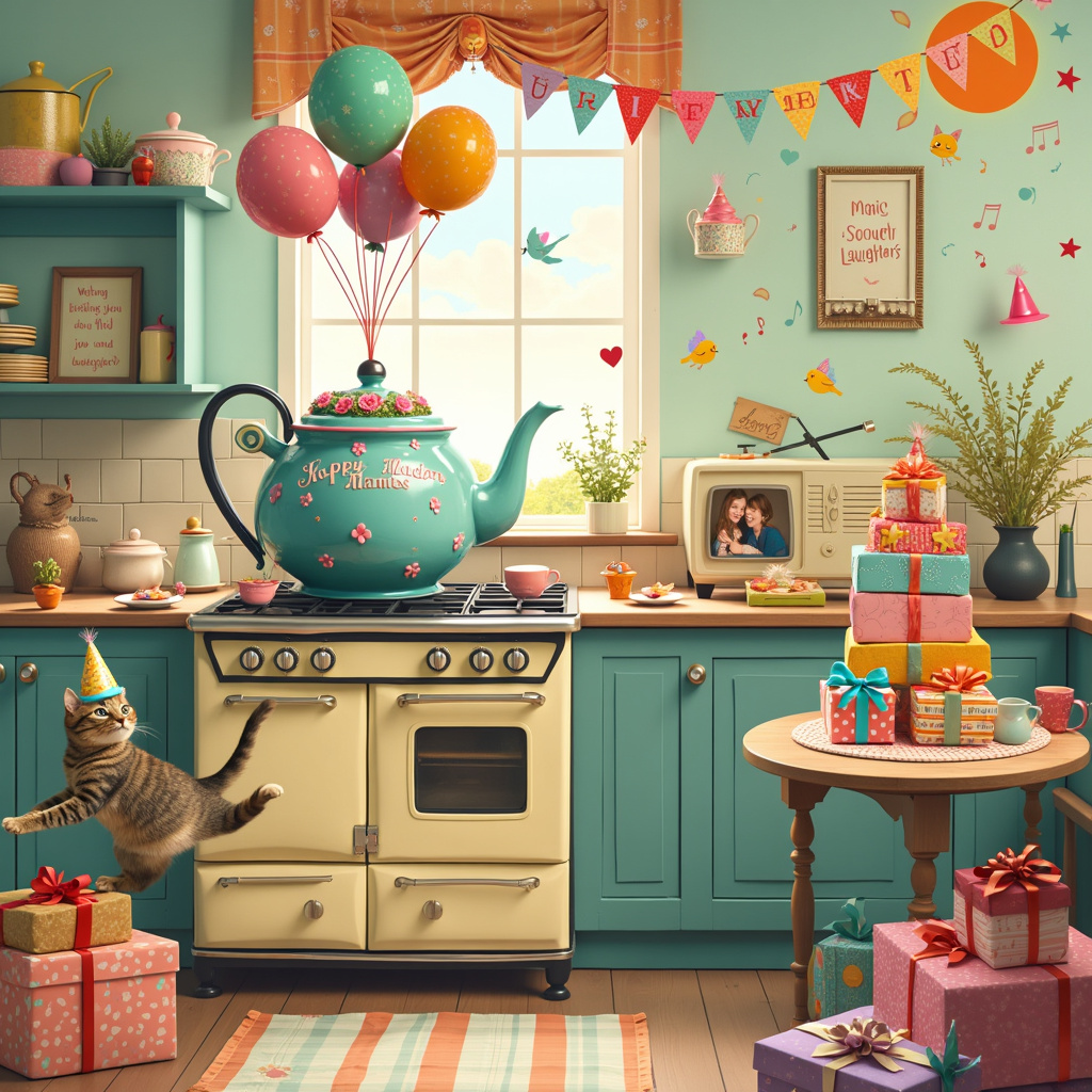 In the bustling heart of a whimsical kitchen, a larger-than-life birthday celebration is unfolding, brimming with unique charm and heartwarming details. Picture a vintage stove, its knobs replaced with oversized, colorful buttons that give it a playful yet retro feel. On the stovetop, a giant birthday cake shaped like a teapot sits proudly, steam whimsically spiraling from its spout into a formation of vibrant balloons spelling out "Happy Birthday Mams!" The cake is a quirky masterpiece, iced in pastel shades of blue and pink, adorned with tiny edible teacups and saucers, each intricately decorated with floral patterns. 

On the kitchen counter, a mischievous tabby cat in a party hat balances precariously on its hind legs, trying to bat at a floating string of bunting that reads, "Wishing you a day filled with joy and laughter." The bunting is made of little fabric triangles, each one patterned with tiny smiling faces, musical notes, and stars.

The kitchen table is set for a grand celebration, with an array of festive items. At the center, there's a towering stack of colorful presents wrapped in polka-dot and stripe-patterned papers, topped with big, vibrant bows. Beside the presents, a vintage radio plays cheerful tunes, with musical notes whimsically floating around it. Next to the radio, a framed photograph shows a warm embrace between you and Mams, surrounded by doodles of hearts and laughter lines, underscoring the message, "I miss you so much mams ❤️❤️❤️."

In the background, a window overlooks a lush garden where birds with tiny party hats flit about, and a cheerful sun peeks through the curtains, its rays forming a halo of light that illuminates the entire scene, suggesting the promise of a year ahead brimming with happiness and success. 

Every detail in this scene tells a story of love, joy, and anticipation, capturing the essence of the heartfelt message in a lively, imaginative setting.
Generated with these themes: Happy Birthday Mams,Wishing you a day filled with joy and laughter, and a year ahead brimming with happiness and success. Happy Birthday! I miss you so much mams ❤️❤️❤️.
Made with ❤️ by AI.
