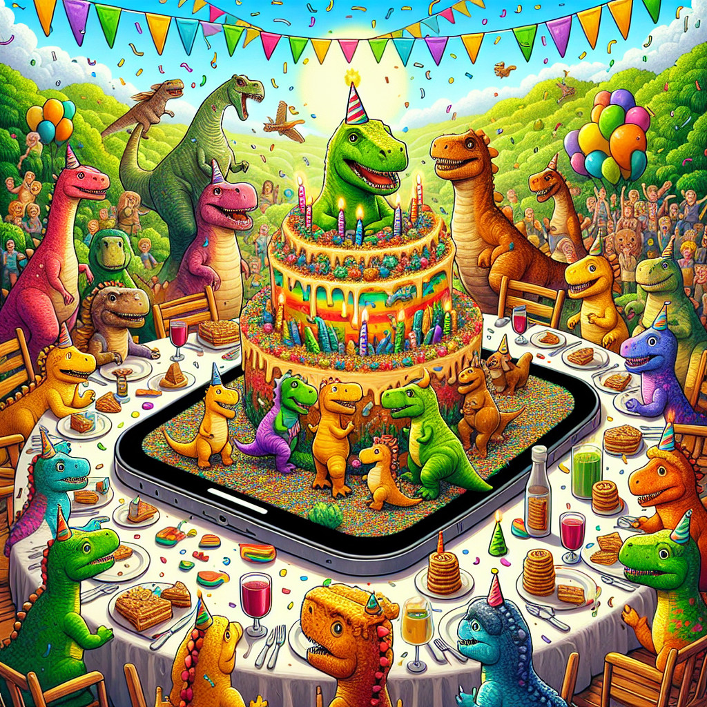 Create a whimsical image of a birthday celebration. Envisage a group of Rainbows Friends of various descents and genders gathered round a massive electronic tablet serving as the main party table. The tablet's screen portrays a lively, prehistoric jungle populated with affable, cartoon-like dinosaurs. The characters on the screen seem to be engaging with the guests. An imposing, multilayered birthday cake, embellished with vibrant icing and amusing cereal piece accents, towers near the device, anticipating the moment of celebration. The scene is completed with confetti falling down like a sweet shower, reinforcing the festive vibe.
Generated with these themes: Rainbow friends, Ipad, Dinosaurs, Cake, and Cereal.
Made with ❤️ by AI.