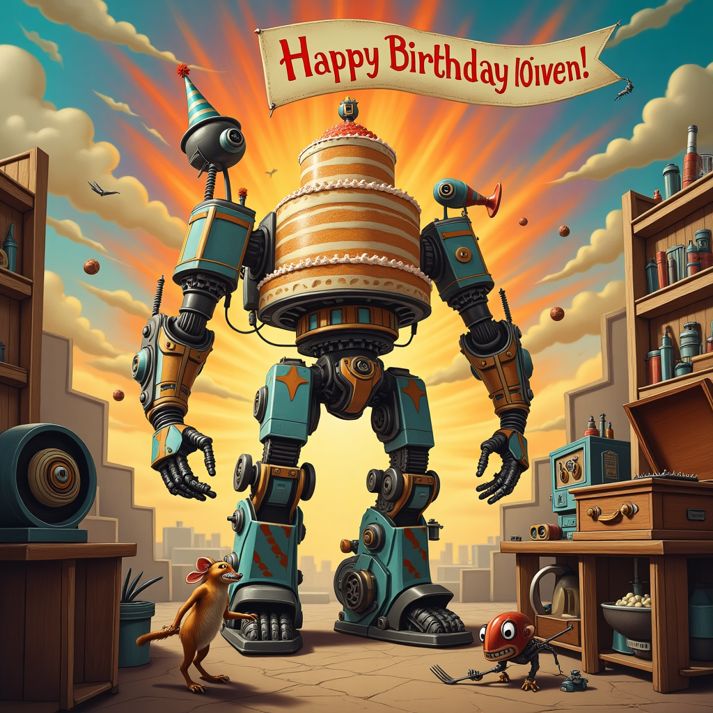 The scene unfolds in a bustling, retro-futuristic workshop filled with whimsical chaos and the playful aura of a birthday celebration. In the center, a towering birthday cake stands, but this is no ordinary confection. It is a marvel of engineering, resembling a Transformer mid-transformation, with layers shifting and gears whirring, sprouting mechanized arms that reach for the skies. Perched atop the cake is a miniature transformer version of a cheerful party hat, equipped with a spinning propeller. Surrounding this mechanical marvel are a delightful array of characters, a nod to the fantastical charm of Maurice Sendak's creations—robots with expressive eyes, little mechanical animals reminiscent of Beatrix Potter's creatures, all bustling about with various birthday-themed tasks. On one side, a quaint, vintage phonograph from the early 20th century plays a jolly tune, the sound waves illustrated with a Gustave Doré-like swirling flourish. The background is an explosion of color, inspired by Maxfield Parrish, where the sky is a radiant gradient of oranges and purples as the sun sets, casting a warm glow over the scene. In the clouds, delicately scripted in Aubrey Beardsley-inspired lettering, floats a banner proclaiming "Happy Birthday, Owen!" The letters shimmer and change shape, as if they too are alive and part of this mechanical menagerie. To add a touch of Edward Gorey's quirkiness, there's a little mouse wearing a tiny tuxedo peeking out from under the cake, holding a fork ready to dive into the sugary gears. Each element weaves together a story of Owen's special day, blending the charm of nostalgia with the futuristic whimsy of transforming wonder.
Generated with these themes: Transformers .
Made with ❤️ by AI.