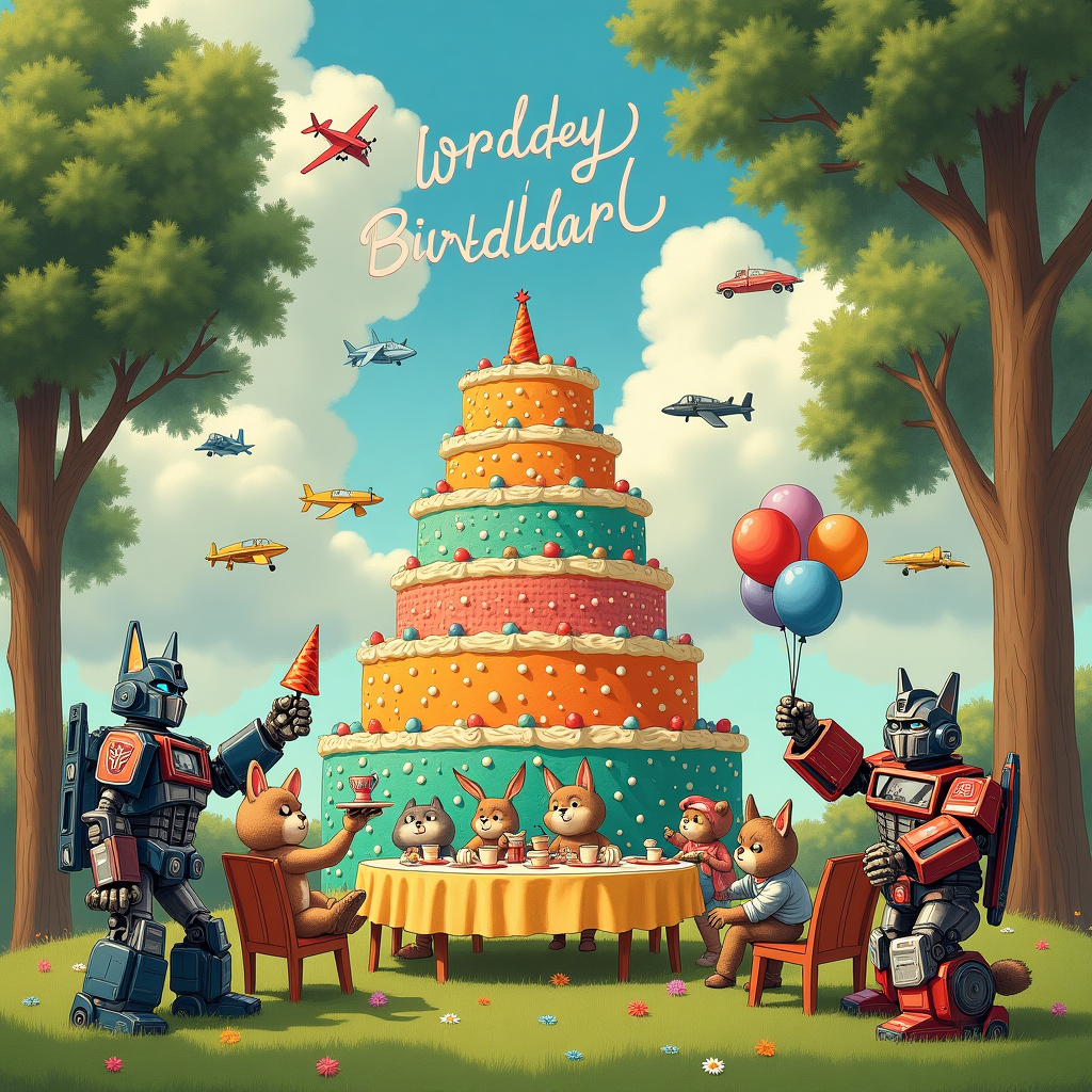 The scene is set in a whimsical, nostalgic backyard birthday party where everything is larger than life, taking a cue from Norman Rockwell’s detailed and charming depictions of Americana, yet infused with the fantastical, imaginative elements reminiscent of Maurice Sendak. At the center of the scene, a gigantic birthday cake stands atop a lush, grassy hill, with layers colored in the bold, primary hues typical of Transformers characters. Each layer of the cake transforms into different shapes, with one turning into a robotic arm extending upwards, holding a party hat. Balloons hover around the cake, with each balloon bearing a unique, intricate pattern inspired by Aubrey Beardsley’s ornate line work.

In the foreground, a group of Transformer-inspired characters are playfully engaging in a party game. They are designed with the elegance of Arthur Rackham’s illustrations, each with their metallic forms detailed with elements from N.C. Wyeth’s adventure-filled landscapes. These characters are sitting around a table, delicately set with teacups and cakes in a style reminiscent of Beatrix Potter’s cozy settings. A Transformer with rabbit-like ears offers a tray, while another with a fox-like tail pours tea, their mechanical forms intricately etched with Quentin Blake’s lively line quality.

Suspended in the sky above the scene, fluffy clouds are shaped like transforming vehicles, seamlessly morphing from planes to cars, inspired by Maxfield Parrish’s dreamlike skies. Among these clouds, in a playful, looping banner style akin to Edward Gorey’s whimsical yet dark illustrations, is spelled out "Happy Birthday, Owen!" The letters are crafted from interlocking gears and metal pieces, which glitter with the polished finish of Gustave Doré’s detailed engravings.

In the background, the party scene is framed by towering trees, their branches twisting into the shapes of various Transformers characters, each etched with the intricate detailing of the artist’s hand, merging nature with machine in a fantastical homage to Owen’s favorite theme.
Generated with these themes: Transformers .
Made with ❤️ by AI.
