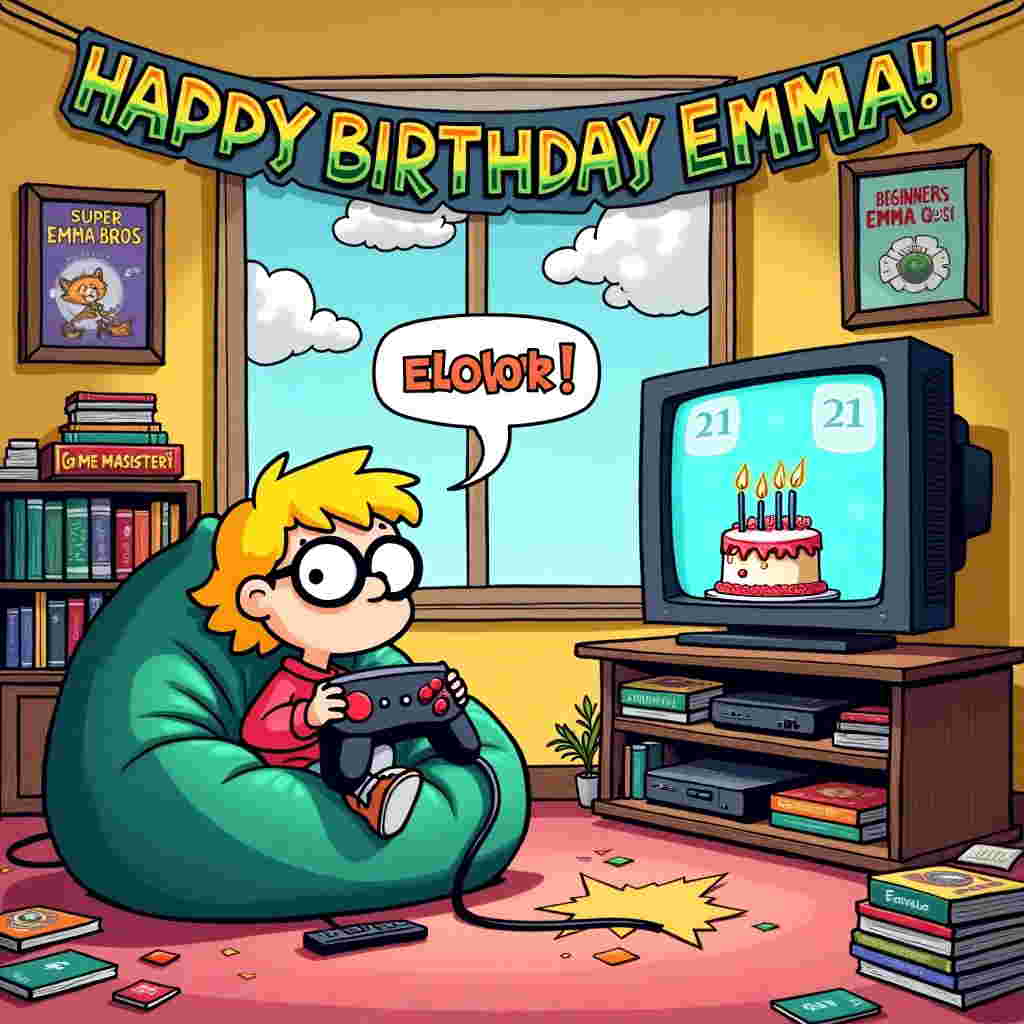 The scene takes place in a vibrant, cartoonish living room reminiscent of the cozy interiors seen in "Peanuts" and "Calvin and Hobbes." At the center, perched on a giant bean bag chair that looks like a level-up power-up mushroom from a video game, is a blonde cartoon figure with round, oversized glasses that magnify her wide, ecstatic eyes. She's holding a classic, chunky game controller with a cord spiraling towards an old-school television set displaying a pixelated birthday cake with candles flickering "21." Above her, a speech bubble pops out in a comic-book style with bold, playful font declaring, "Level 21 Unlocked!"

To the left of the room, there's a bookshelf lined with comic books, a nod to Osamu Tezuka and Hergé, with a few volumes cheekily titled "Game Mastery for Beginners." Above the television, a framed portrait of a stern-looking cat dressed as a video game hero hangs, adding a touch of "The Far Side" humor.

The room is festooned with a lively, multi-colored banner draped across the ceiling, boldly declaring "Happy Birthday Emma!" in vibrant, blocky letters that resemble Tetris pieces locking together. In the background, a window reveals a clear sky with fluffy clouds, one of which whimsically forms the shape of a controller button—a playful nod to the birthday theme. Scattered around the room are various game-related paraphernalia, such as a pixel-art poster and a stack of game cases featuring parody titles like "Super Emma Bros." and "Emma's Quest."

This bustling, quirky scene is both a celebration of gaming culture and a personal birthday tribute, filled with details that bring Emma's love for gaming to life in a lighthearted and creative way.
Generated with these themes: A blonde cartoon figure with glasses, holding a game controller. Add a little speech bubble saying "Level 21 Unlocked!".
Made with ❤️ by AI.