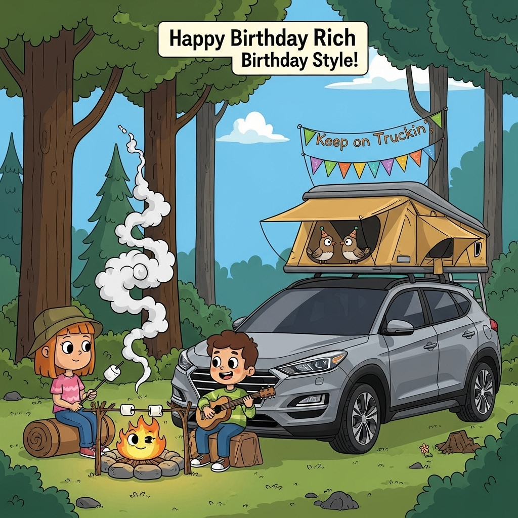 Roof tent , Grey hyundai tucson, Girl with straight ginger hair , Boy with brown short hair , Camp fire , and Birthday Card