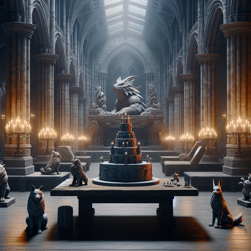 A moody, grand hall with towering arches and flickering torches creating an atmosphere of solemnity. Drawing on an aesthetic reminiscent of gothic architecture, scaled with the grandeur of futuristic sci-fi settings, giving it a unique blend of historical and futuristic aesthetics. A massive, heavy wooden table sits in the middle of the hall with an artistically crafted birthday cake. This imposing confection features elegantly armored, imaginative creatures, reminiscing of fantasy pocket monsters mingling with the aesthetics of futuristic, hardened warriors. Accompanying this surprising yet charming scene, one can see stone-like dog sculptures in muted tones standing guard. These canine figures contribute an unexpected sense of companionship and warmth to an otherwise stark and imposing celebration.
Generated with these themes: Warhammer 40k, Pokemon, and Dogs.
Made with ❤️ by AI.