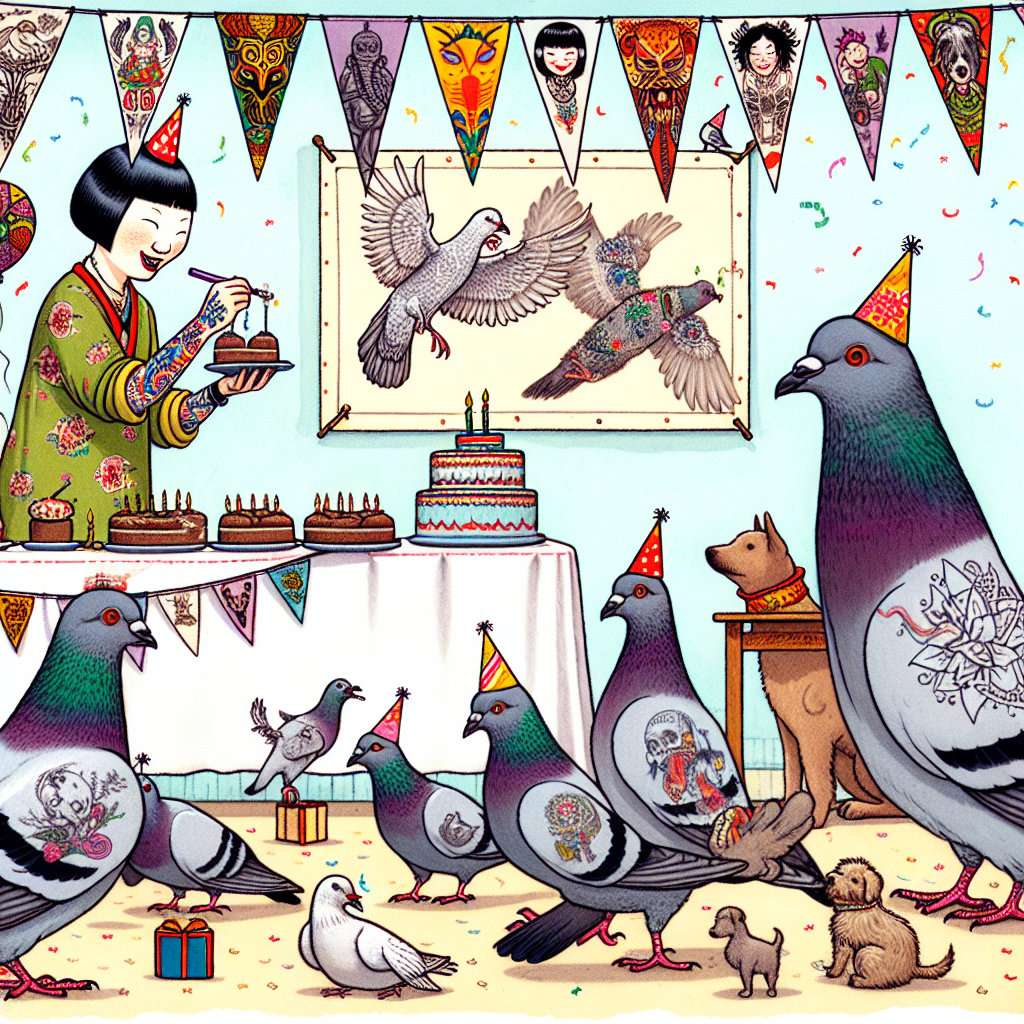 Depict a whimsical birthday party scene where pigeons are milling around under a banner draped with images of eccentric tattoos. The pigeons have tiny party hats on their heads, adding a touch of humor to the overall mood. Playful dogs are frolicking around in the vicinity. This celebration is filled with joyous laughter as guests greedily munch down vegan treats shaped like ducks. An East Asian female stand-up comic, bearing a sleeve covered in tattooed artwork, stands off to the side of the gathering – she's making jokes about the amusing aspects of life to a merry crowd.
Generated with these themes: Pigeons, Dogs, Tattoos , Humour , Vegan food, and Ducks.
Made with ❤️ by AI.