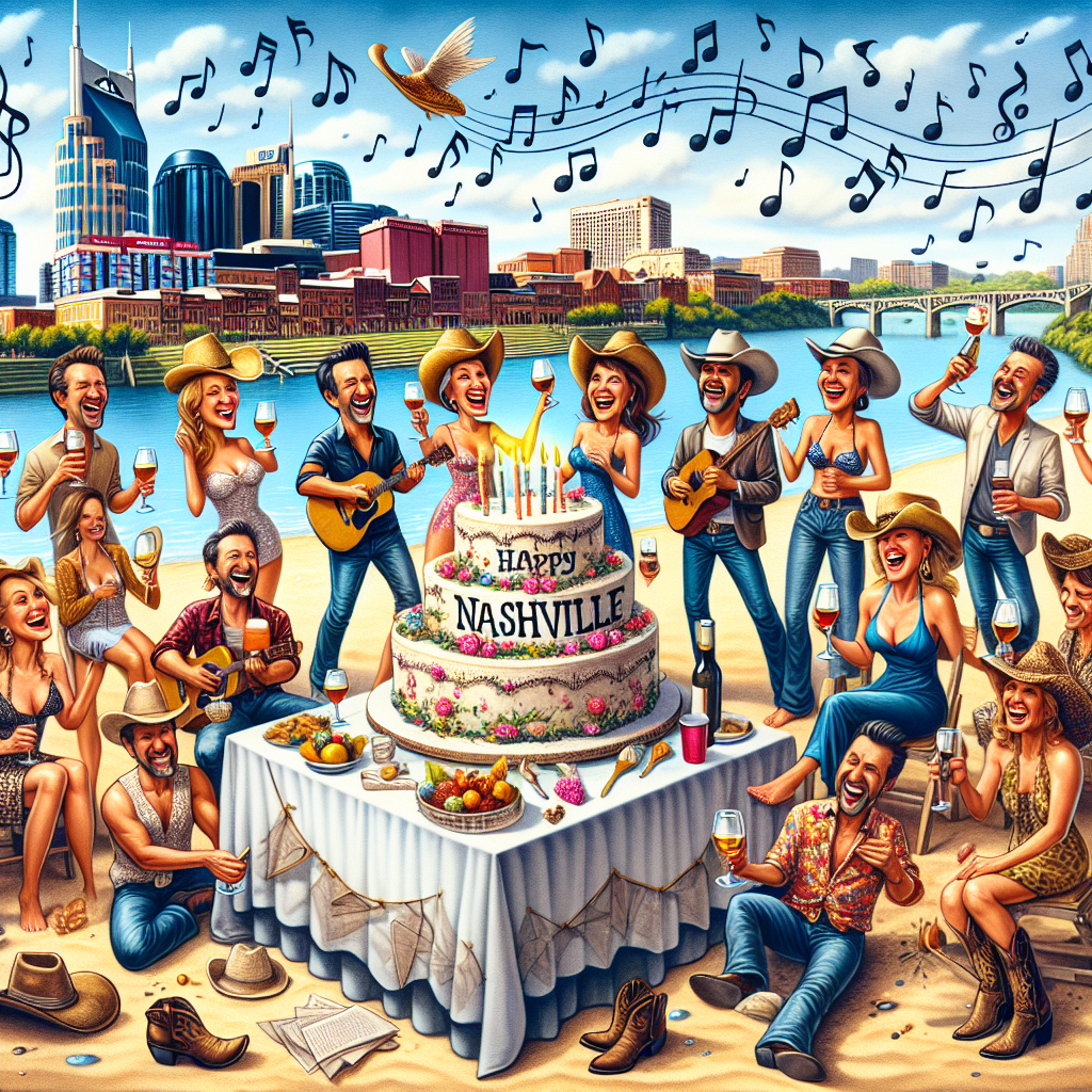 Depict a humorous caricature scene of a birthday party taking place on a beach inspired by Nashville. The scenery should incorporate a playful version of a city skyline marked with floating musical notes, signifying its well-known country music roots. Include animated, festive characters spread around, holding wine glasses and clad in beach clothes accessorized with cowboy boots and hats, highlighting the city's distinct style. Place a grand birthday cake, adorned with icing flowers and beach-related decorations, in the center of the gathering, projecting a jovial and celebratory mood.
Generated with these themes: Country music, Nashville , Beach, Wine, and Flowers.
Made with ❤️ by AI.