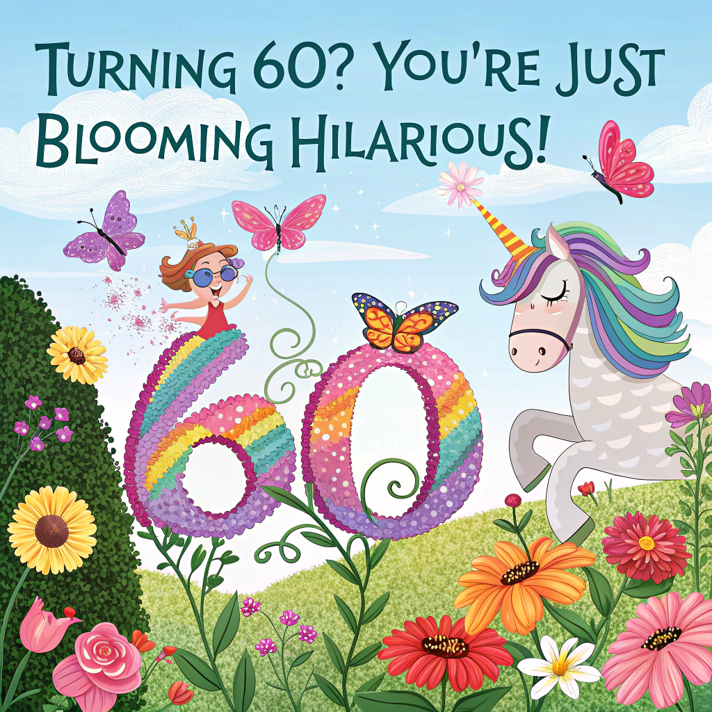 At the top of the image, "Turning 60? You're just blooming hilarious!"

- In the center of the image, show a stunning, realistic photograph of an enchanting fantasy garden—lush with oversized, vivid flowers in full bloom. 

- Butterflies, some wearing tiny birthday hats, flutter joyfully around a large, floral number "60" that's been grown from twisting vines and brightly colored blossoms. 

- Soaring across a vibrant blue sky is a sparkly, slightly grumpy-looking unicorn wearing aviator goggles, zooming through fluffy clouds, its rainbow tail leaving a sparkling contrail that forms the words "Happy Birthday!"

- Add small, humorous touches like a gnome popping out from a toadstool holding a party horn, and a ladybug dragging a teeny gift.
Generated with these themes: An enchanting illustration shows a fantasy garden with butterflies fluttering around a floral '60'. The 'Happy Birthday' message appears in the sky, written by the trail of a magical creature zooming through the clouds.  Generated with these themes: 60th ..
Made with ❤️ by AI.