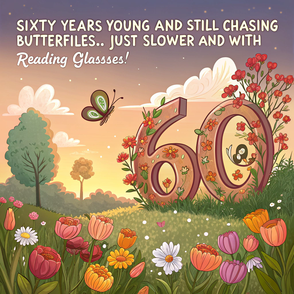 At the top of the image, "Sixty years young and still chasing butterflies... just slower and with reading glasses!"

- The image is a realistic-style photograph depicting an enchanting fantasy garden at golden hour. A vibrant floral arrangement shaped into a giant, blooming "60" sits in the center, made of roses, tulips, and wildflowers. Butterflies flit comically around it—some perched cheekily on the numbers as if sunbathing or judging your gardening skills.

- High above, fluffy clouds part dramatically as a whimsical magical creature—a mix between a unicorn and a jet-powered squirrel—zips across the sky leaving behind a glittering vapor trail that spells out "Happy Birthday!" in playful, looping letters.

- Subtle, cheeky elements add humor throughout the garden—like a garden gnome tipping his hat with exaggerated confusion at the airborne creature, or a snail in racing goggles zooming across a leaf with a “Go Grandma!” flag strapped to its shell.
Generated with these themes: An enchanting illustration shows a fantasy garden with butterflies fluttering around a floral '60'. The 'Happy Birthday' message appears in the sky, written by the trail of a magical creature zooming through the clouds.  Generated with these themes: 60th ..
Made with ❤️ by AI.