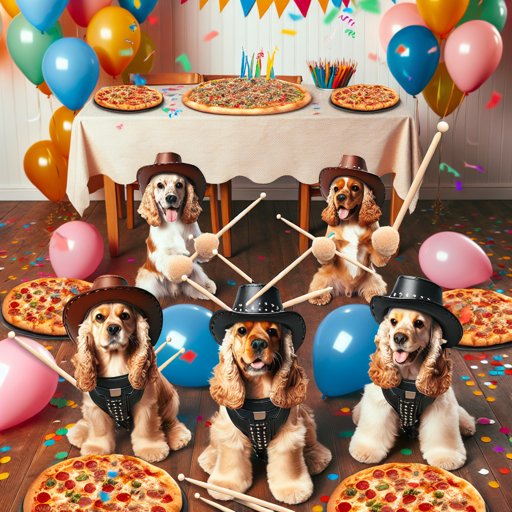 Create an image with a charming birthday party scenario, with multiple cocker spaniels in western hats holding drumsticks in their paws. The energetic dogs are drumming, surrounded by vibrant balloons and confetti to add a festive touch. In the backdrop, a table brimming with different types of pizzas enhances the celebratory mood of the event.
Generated with these themes: Cowboys, Drumming, Cocker spaniels , and Pizza.
Made with ❤️ by AI.