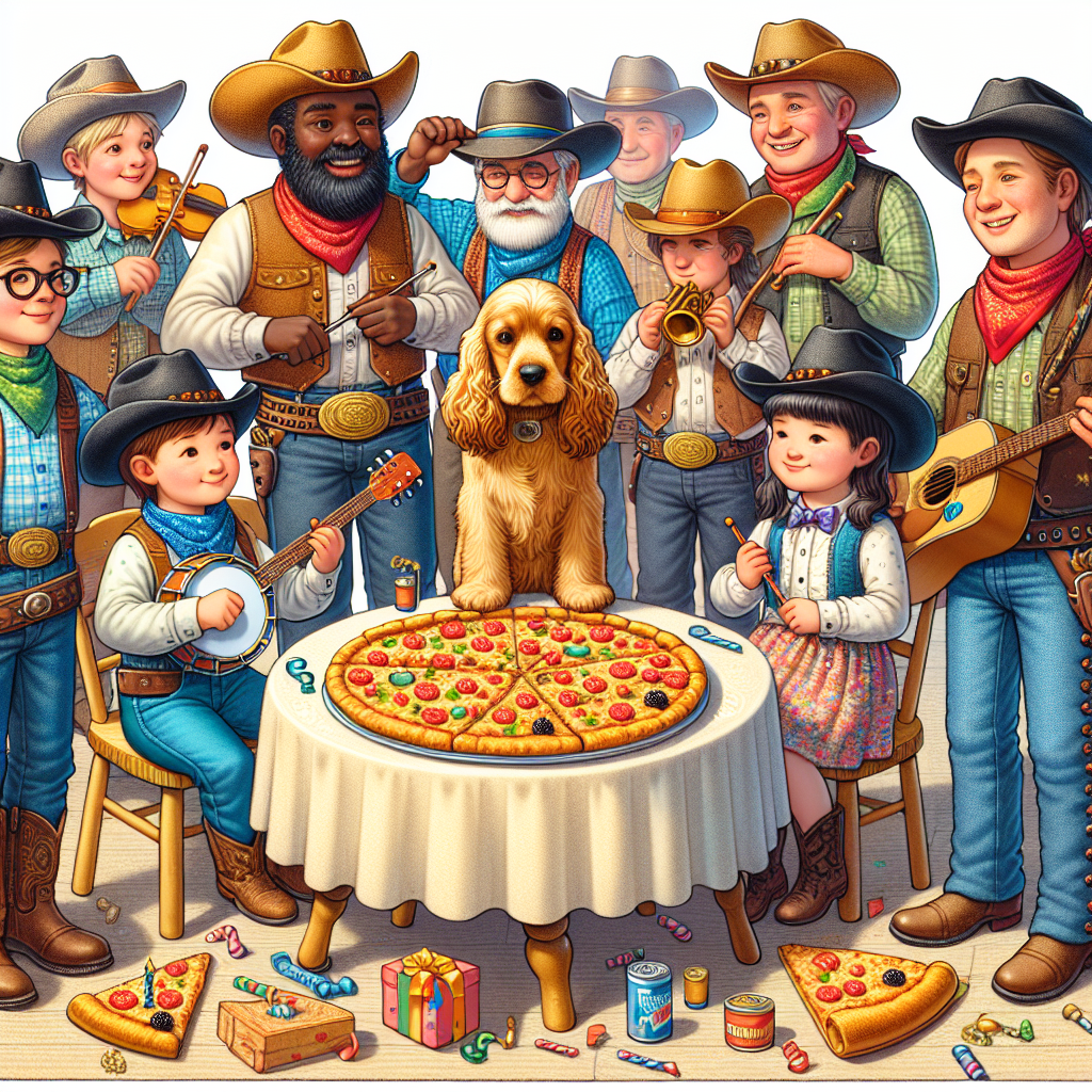 Imagine a delightful birthday-themed illustration capturing a quaint setting where a diverse group of merry cowboys of different descents including Caucasian, Hispanic, and Black, converge near an adorned table, their hats respectfully tipped in festivity. Situated in the middle, an adorable cocker spaniel with golden fur is nimbly striking a minuscule drum kit, providing entertainment for the assembly. Spread about the scene, pieces of scrumptious pizza contribute to a laid-back and joyous birthday atmosphere.
Generated with these themes: Cowboys, Drumming, Cocker spaniels , and Pizza.
Made with ❤️ by AI.